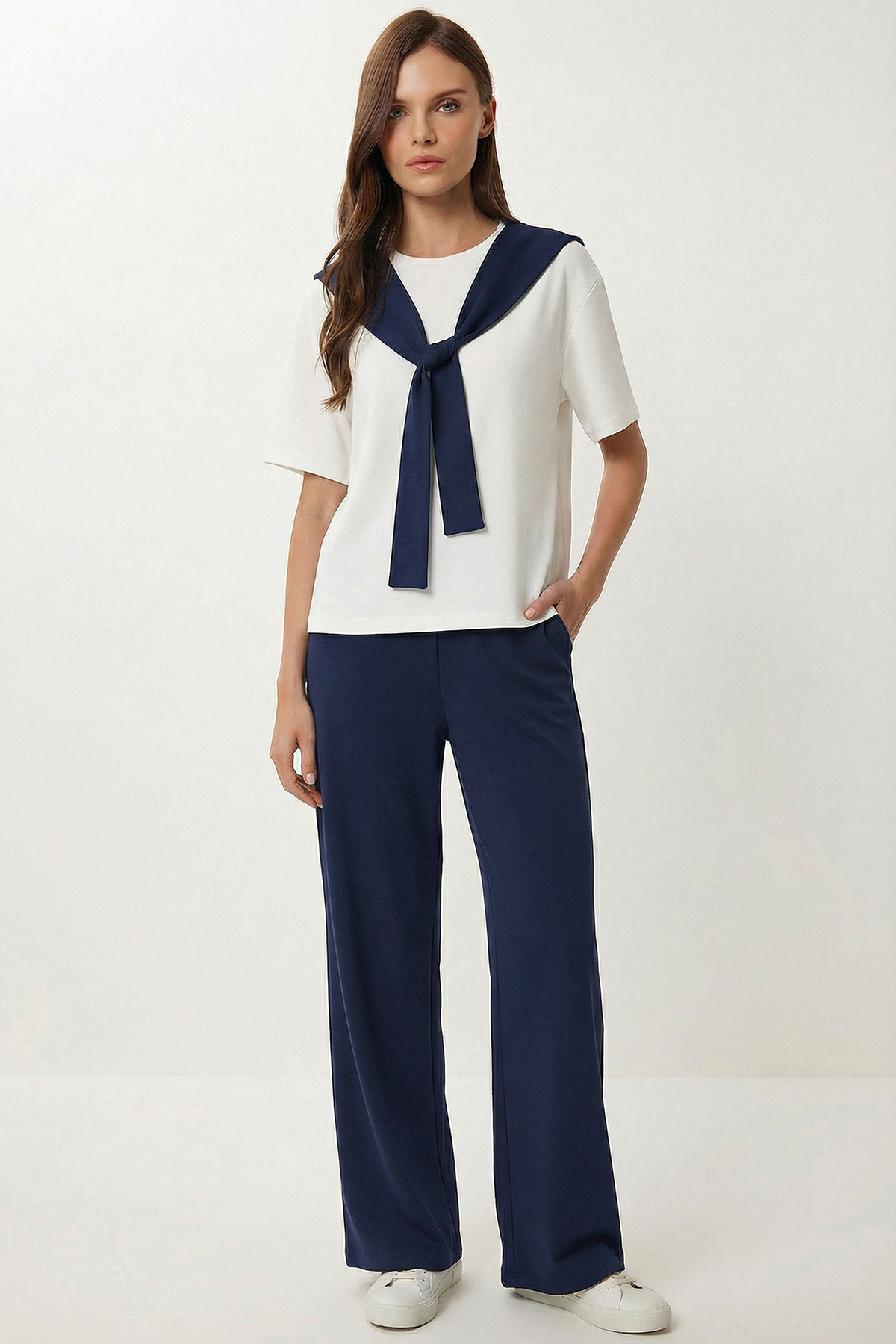 Lashing Detailed Bottom-Upper Modal Set LNT0029 ECRU NAVY BLUE
