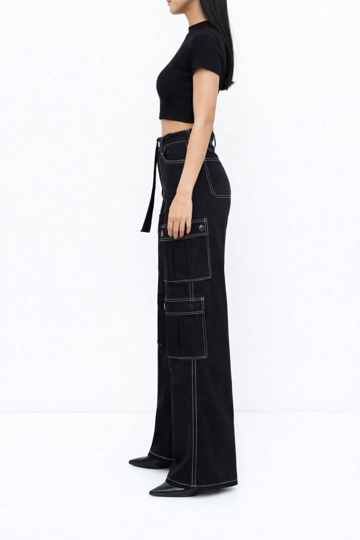 Lighter Jeans  Kadın Siyah Yüksek Bel Wide Leg Palazzo Pantolon Kargo Cepli Bol Paça Kontrast Dikişli Trend Jean - Görsel 2