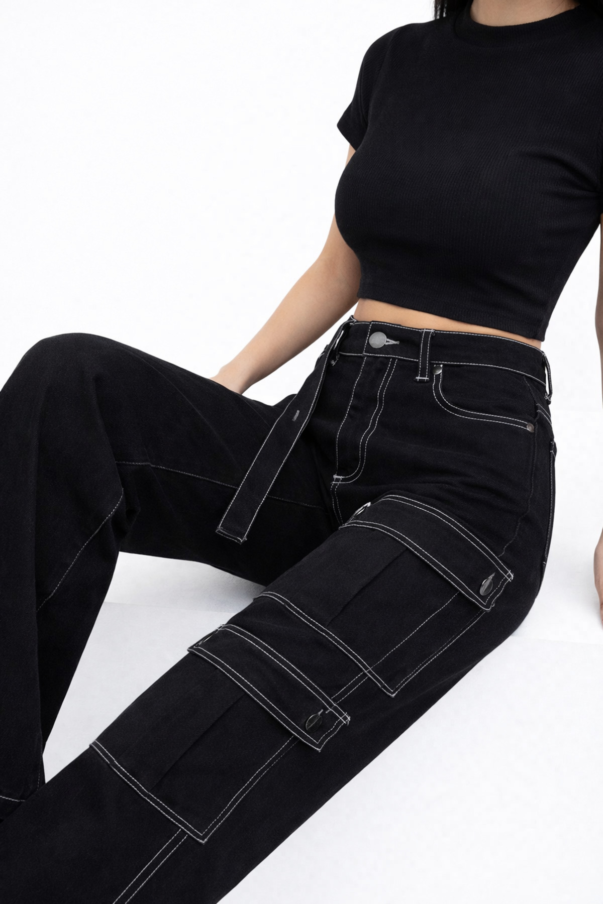 Lighter Jeans  Kadın Siyah Yüksek Bel Wide Leg Palazzo Pantolon Kargo Cepli Bol Paça Kontrast Dikişli Trend Jean - Görsel 5