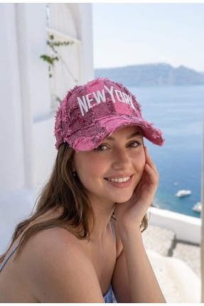LAGRANZE Vintage Eskitme Dokulu “NEW YORK” Yazılı Kadın Şapka Yıpratılmış Den...