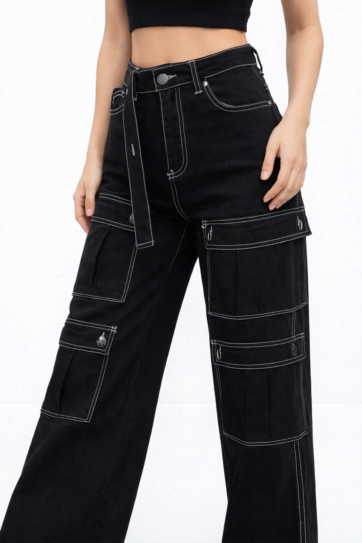 Lighter Jeans  Kadın Siyah Yüksek Bel Wide Leg Palazzo Pantolon Kargo Cepli Bol Paça Kontrast Dikişli Trend Jean - Görsel 6