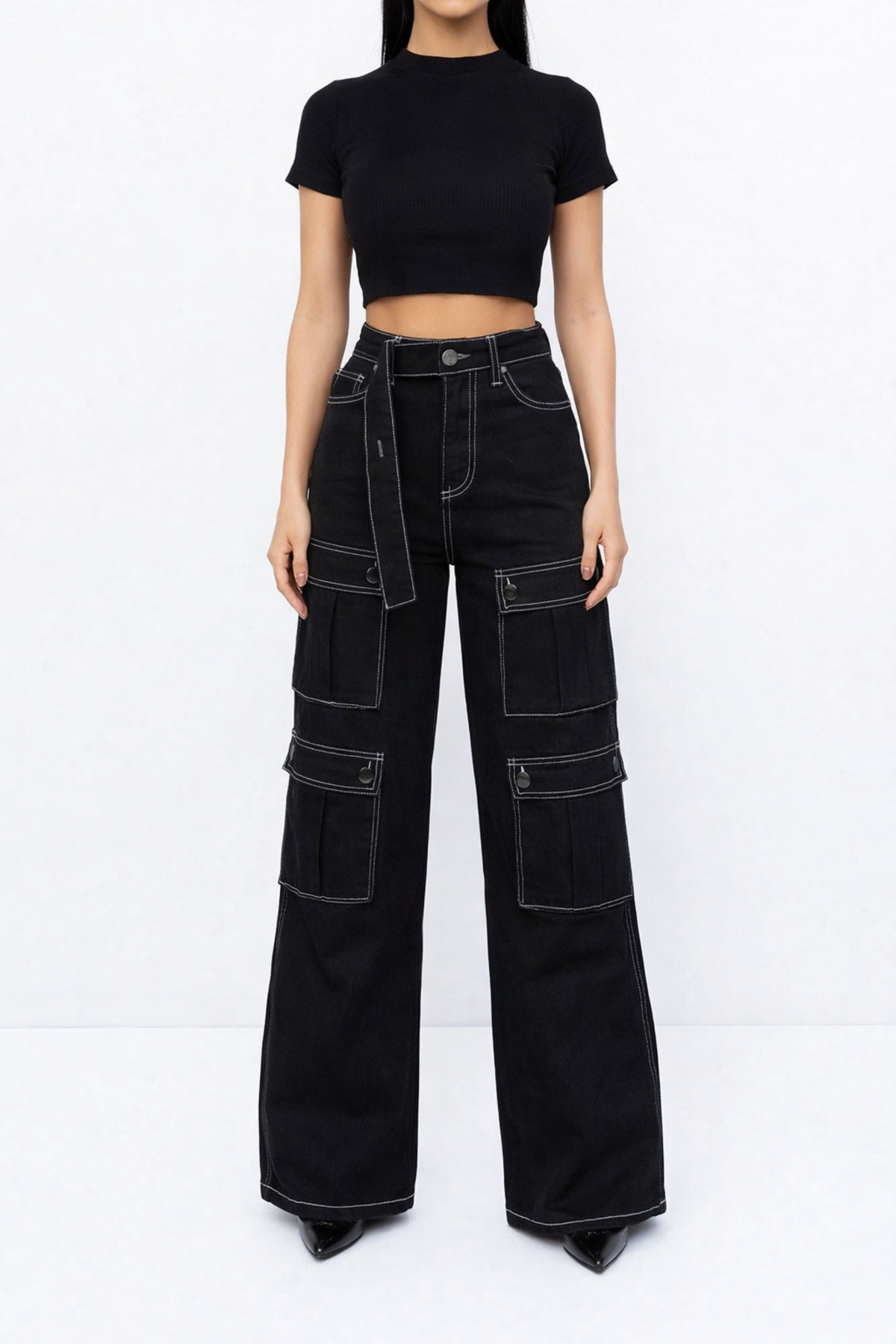 Lighter Jeans  Kadın Siyah Yüksek Bel Wide Leg Palazzo Pantolon Kargo Cepli Bol Paça Kontrast Dikişli Trend Jean