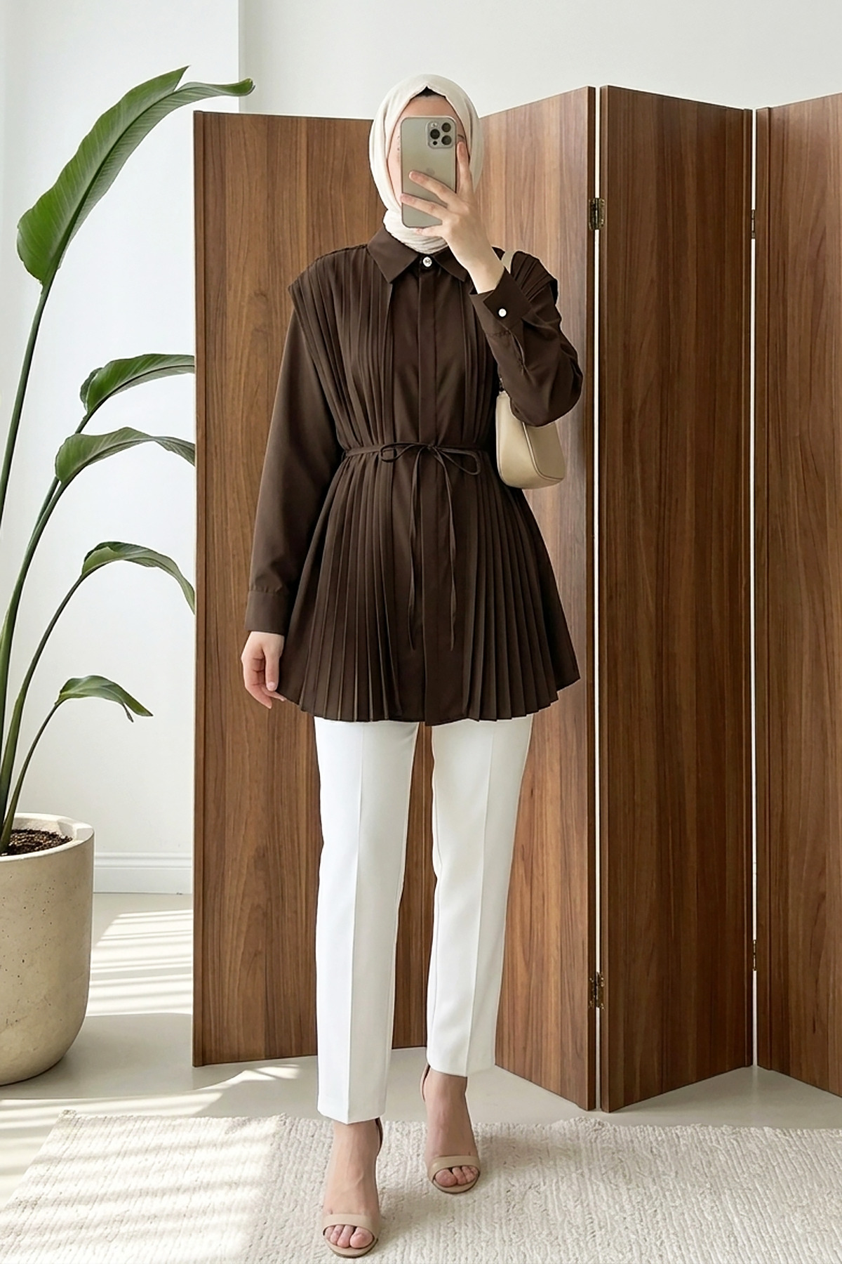 Front Rear Pleat Detailed Buttoned Tunic - Brown