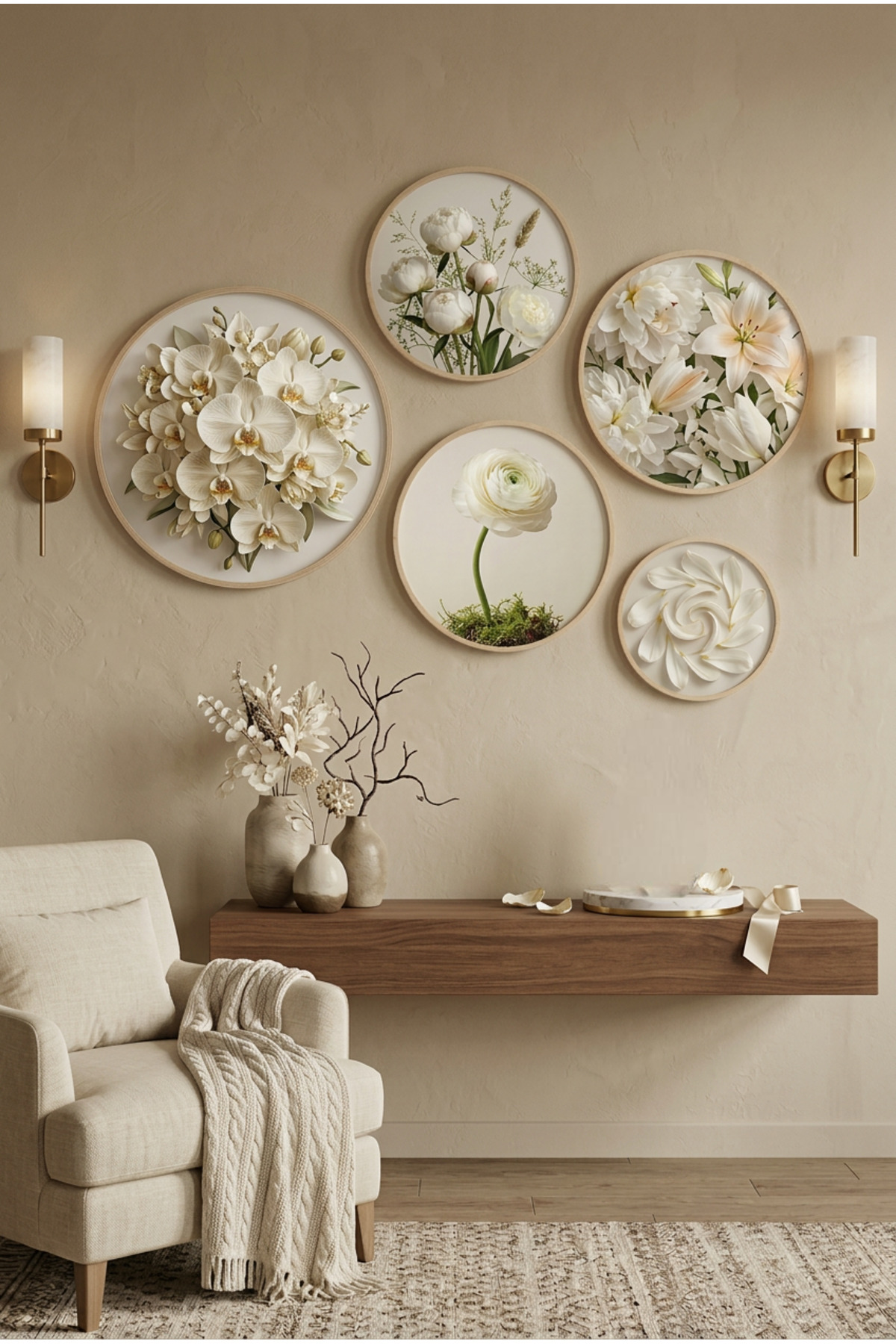 5-Piece Wooden Framed Round Painting Set Modern Bedroom and Living Room Wall Decoration with White Flowers