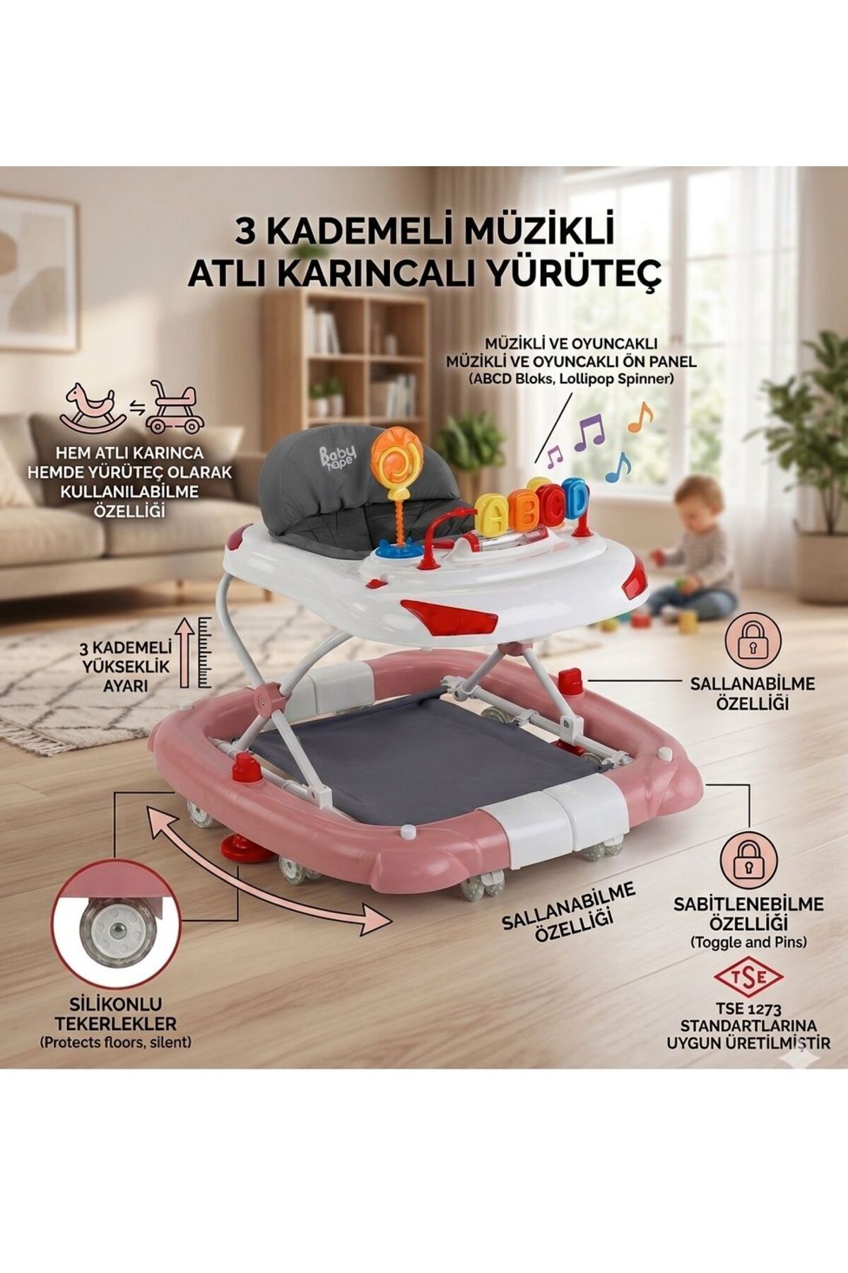 ÖYKÜ BEBEK DUNYASI 3 Kademeli Atlı Karıncalı Müzikli Oyuuncaklı Yürüteç fotoğrafı 2 (önizleme)