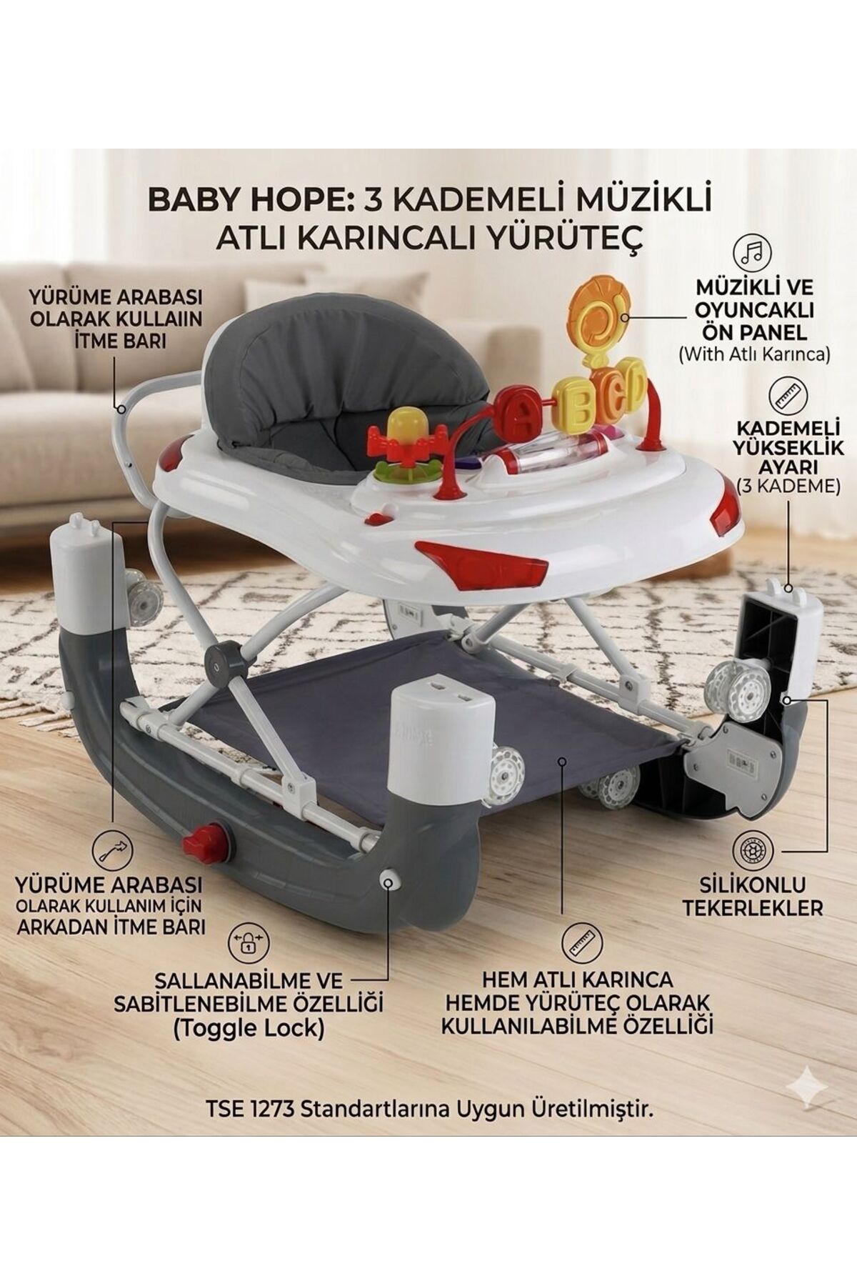 ÖYKÜ BEBEK DUNYASI 3 Kademeli Atlı Karıncalı Müzikli Oyuuncaklı Yürüteç fotoğrafı 2 (önizleme)