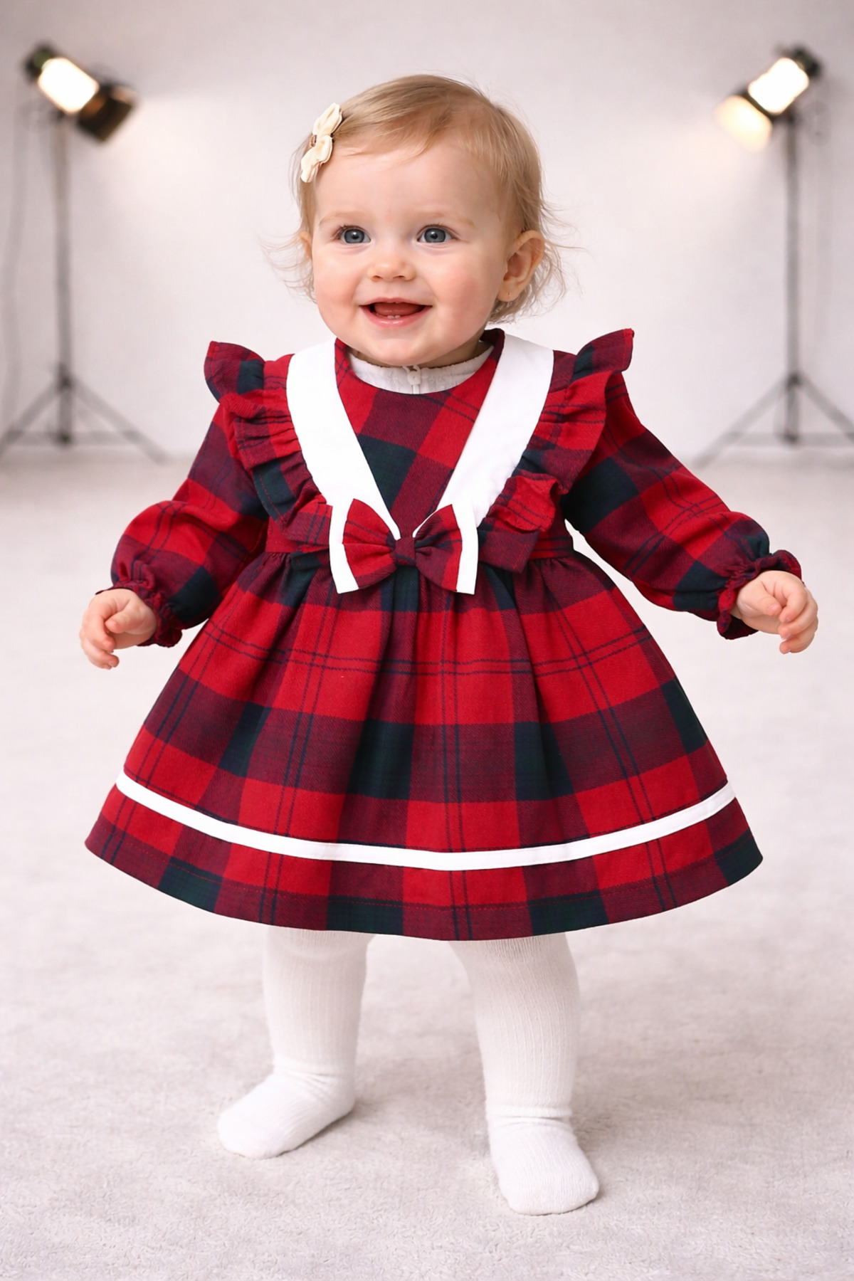 Baby Girl Red Plaid Ruffle Detailed Bowtie Holiday Dress