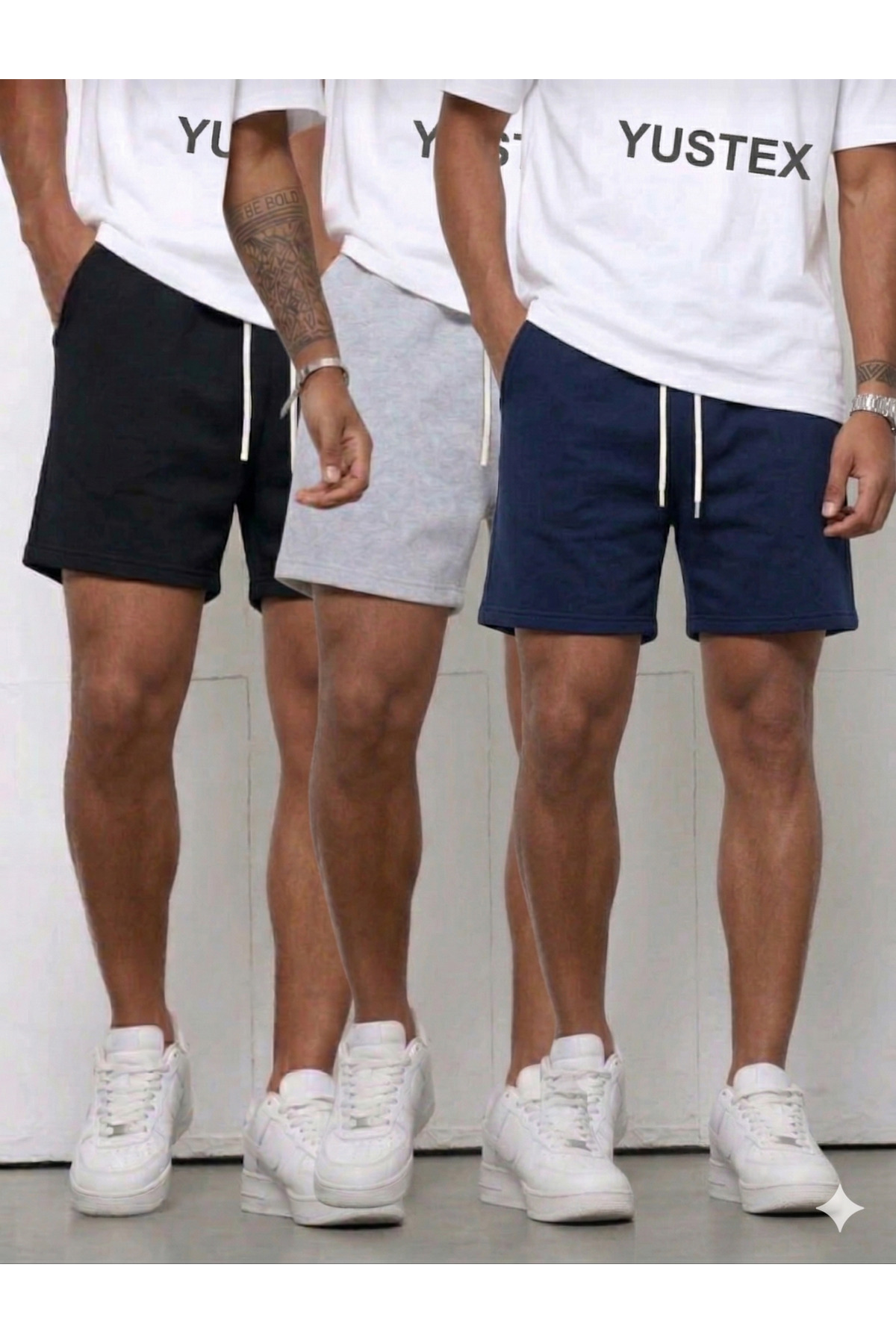 LAUSRA  3’lü Paket Erkek Şort Seti - Siyah, Gri, Lacivert - Yüksek Bel Rahat Kesim Beli Bağcıklı Şort
