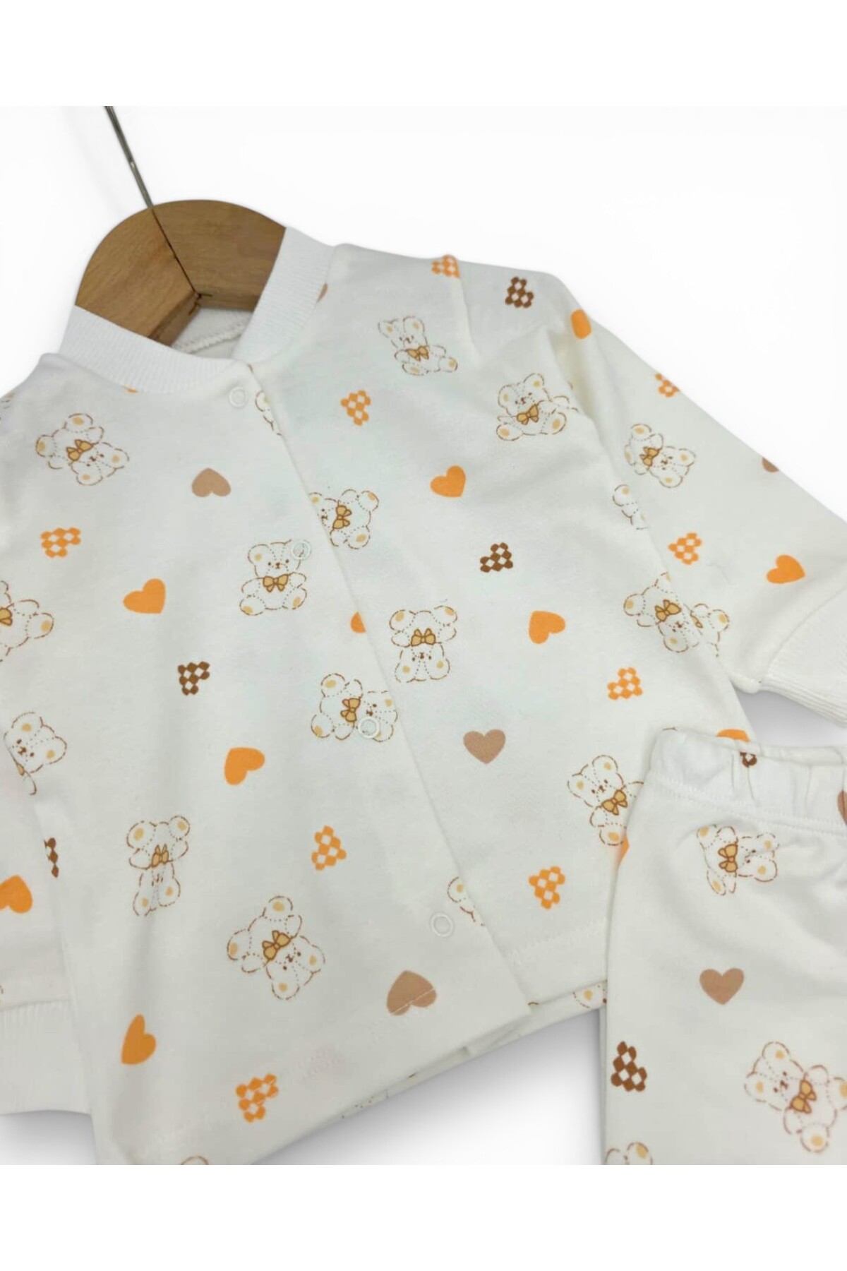 voyyo kids baby Kız Bebek Kalp ve Ayıcık Baskılı Çıtçıtlı Mevsimlik %100 Pamuk Gecelik Alt Üst Pijama Takımı fotoğrafı 4 (önizleme)