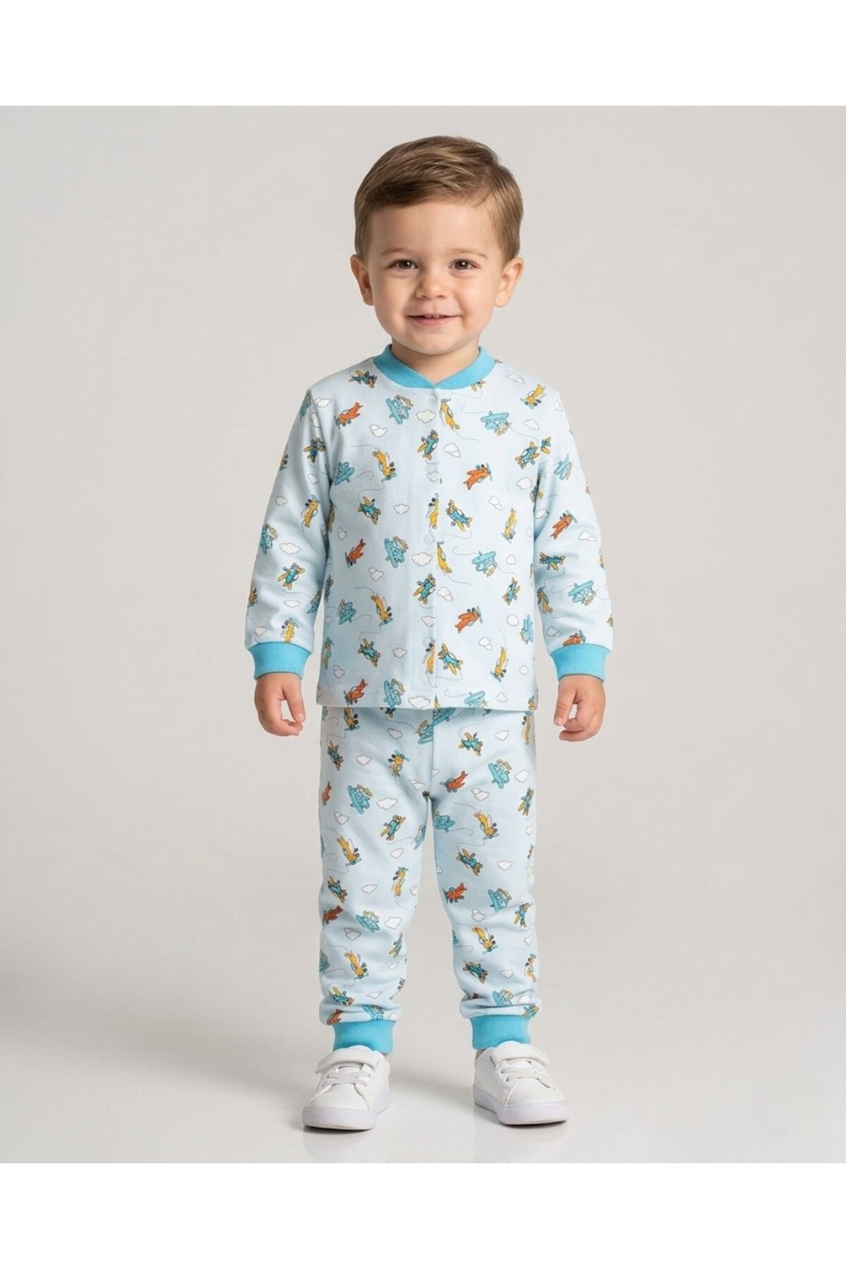 Ege Bebek Erkek Çocuk Çıtçıtlı Uçak Baskılı 2-6 Yaş %100 Pamuklu Mevsimlik Gecelik Pijama Takımı fotoğrafı 2 (önizleme)