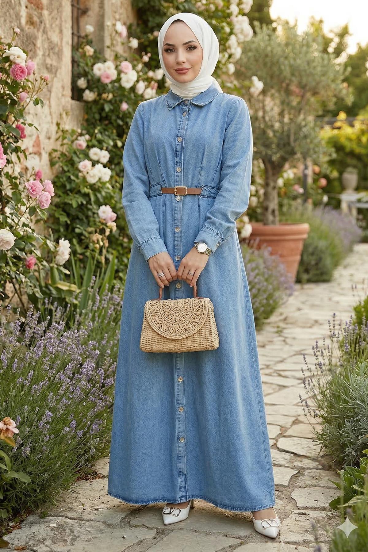 hafsamina Buttoned Belted Denim Dress Light Blue Hm2899