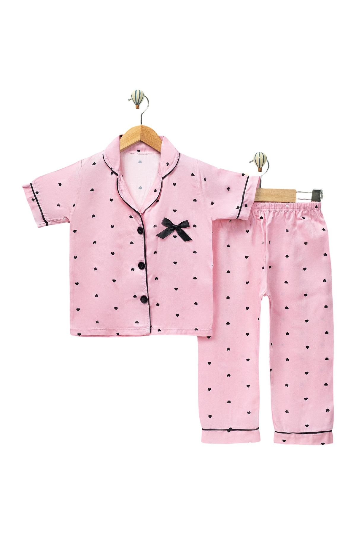 MixMax Bebe Kız Çocuk Siyah Fiyonk Kalpli Kısa Kollu Düğmeli Pijama %100 Pamuklu fotoğrafı 2 (önizleme)