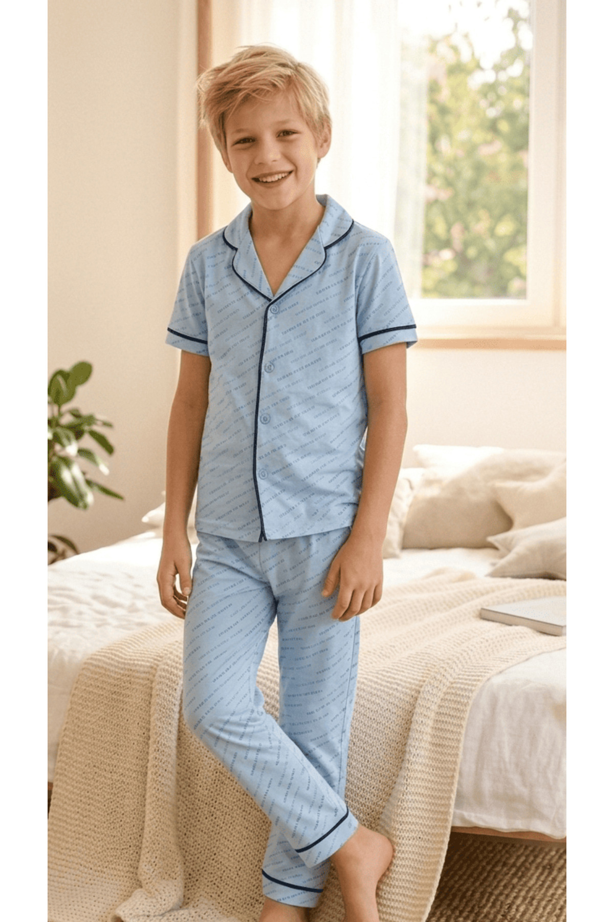 vitmo Erkek Çocuk Kısa Kollu Düğmeli %100 Pamuklu Pijama Takımı Escape fotoğrafı 2 (önizleme)