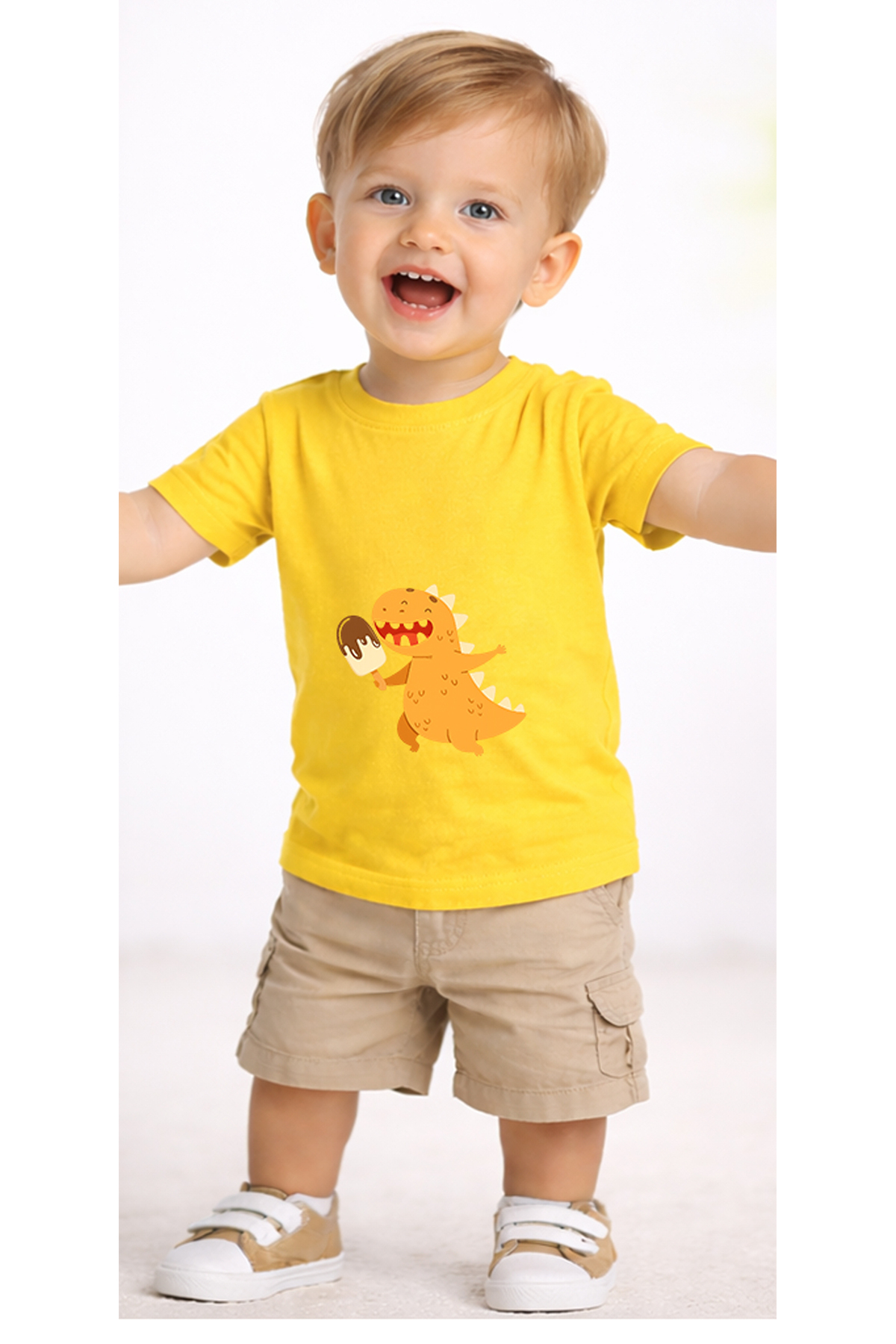 petite pati Sarı Icecreamdino2 Bebek Tişört %100 Pamuk Penye Çocuk Tshirt Baskılı fotoğrafı 2 (önizleme)
