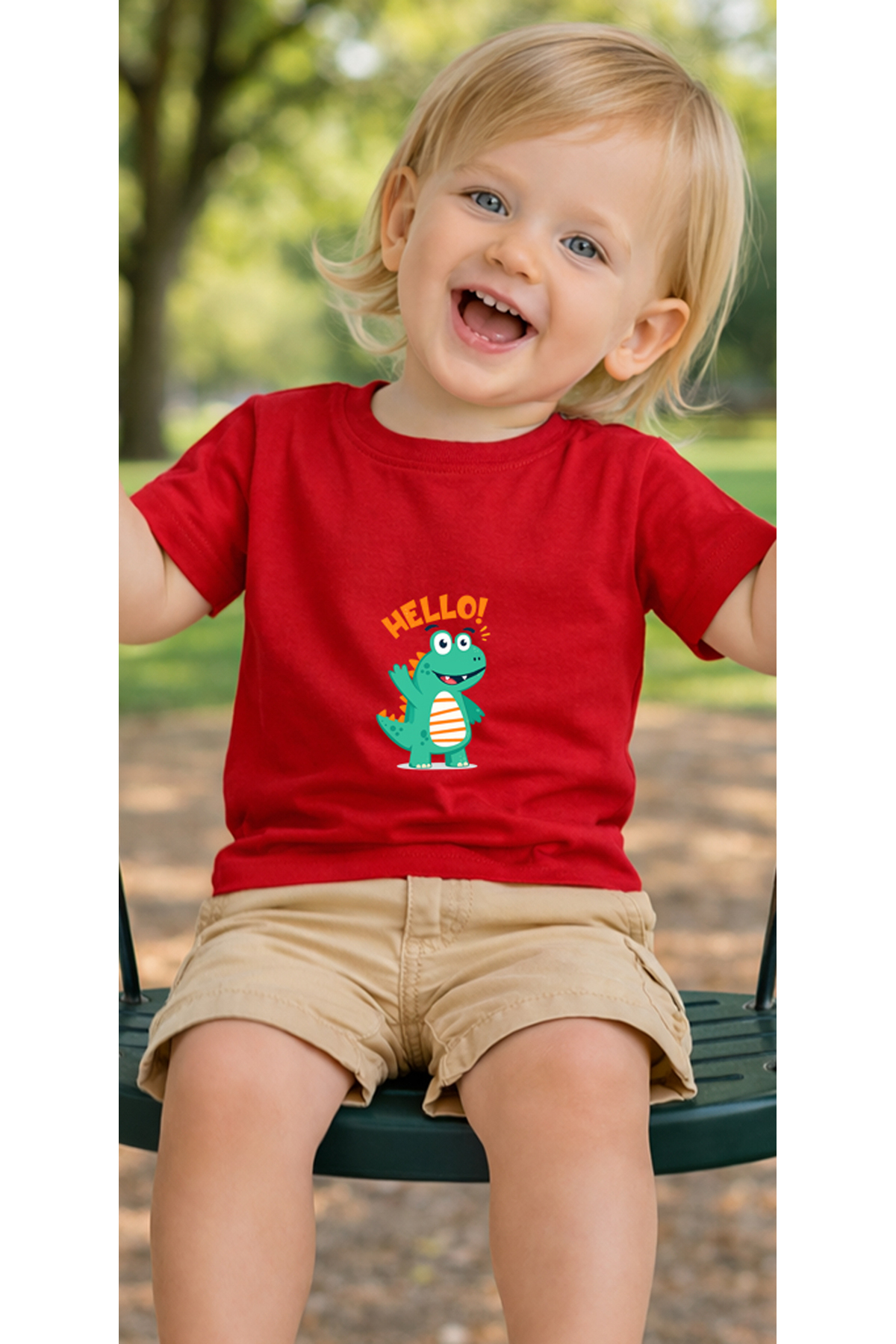 petite pati Kırmızı Hellodino Bebek Tişört %100 Pamuk Penye Çocuk Tshirt Baskılı fotoğrafı 3 (önizleme)