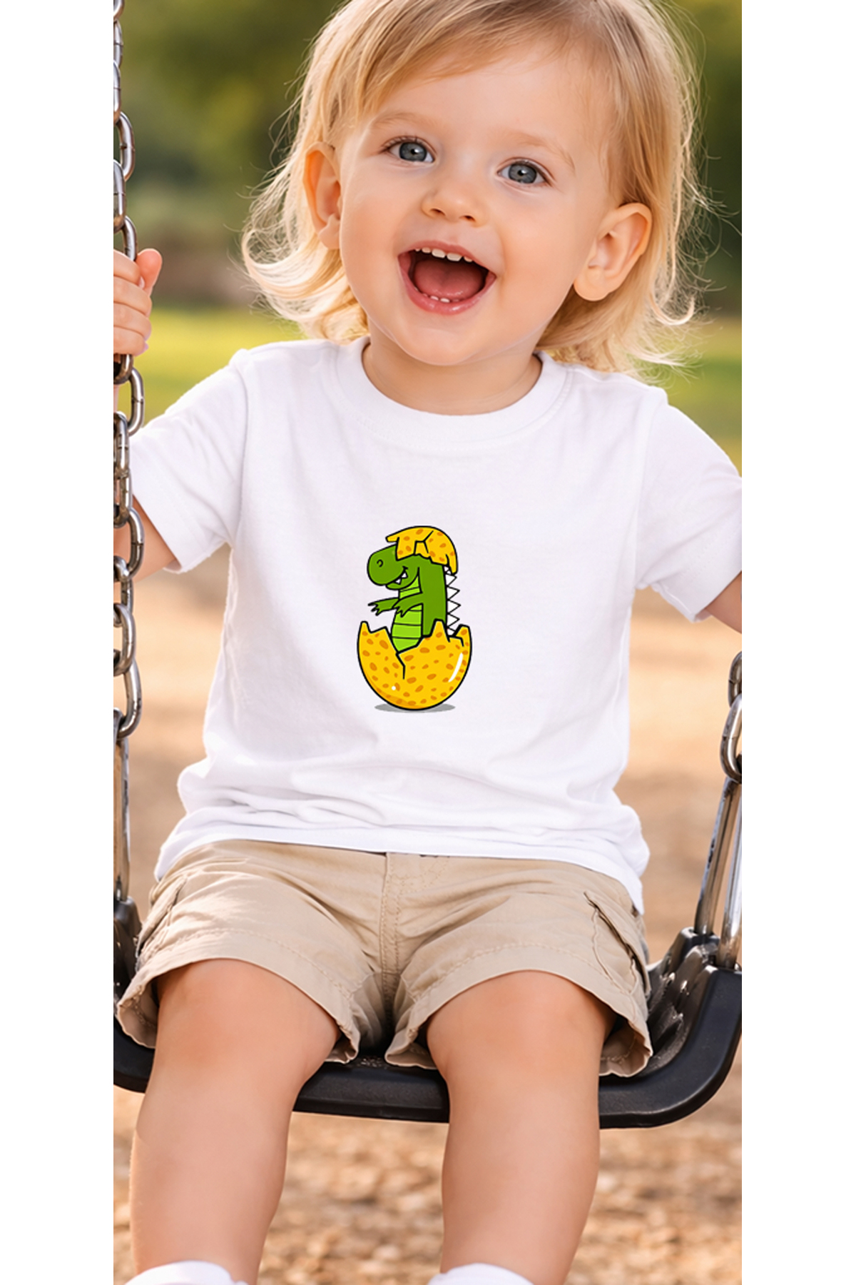 petite pati Beyaz Dinoegg Bebek Tişört %100 Pamuk Penye Çocuk Tshirt Baskılı fotoğrafı 3 (önizleme)