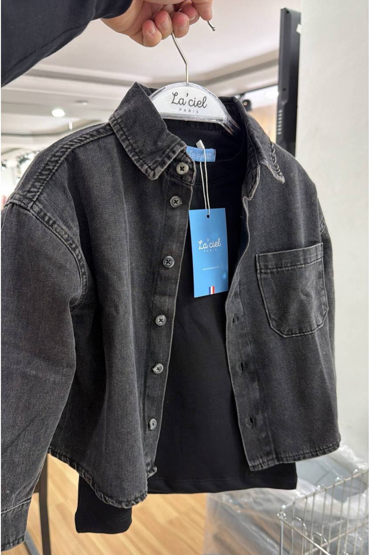 Teeny Weeny Kids Unisex Çocuk Antrasit Pamuk Denim Gömlek fotoğrafı 5 (önizleme)