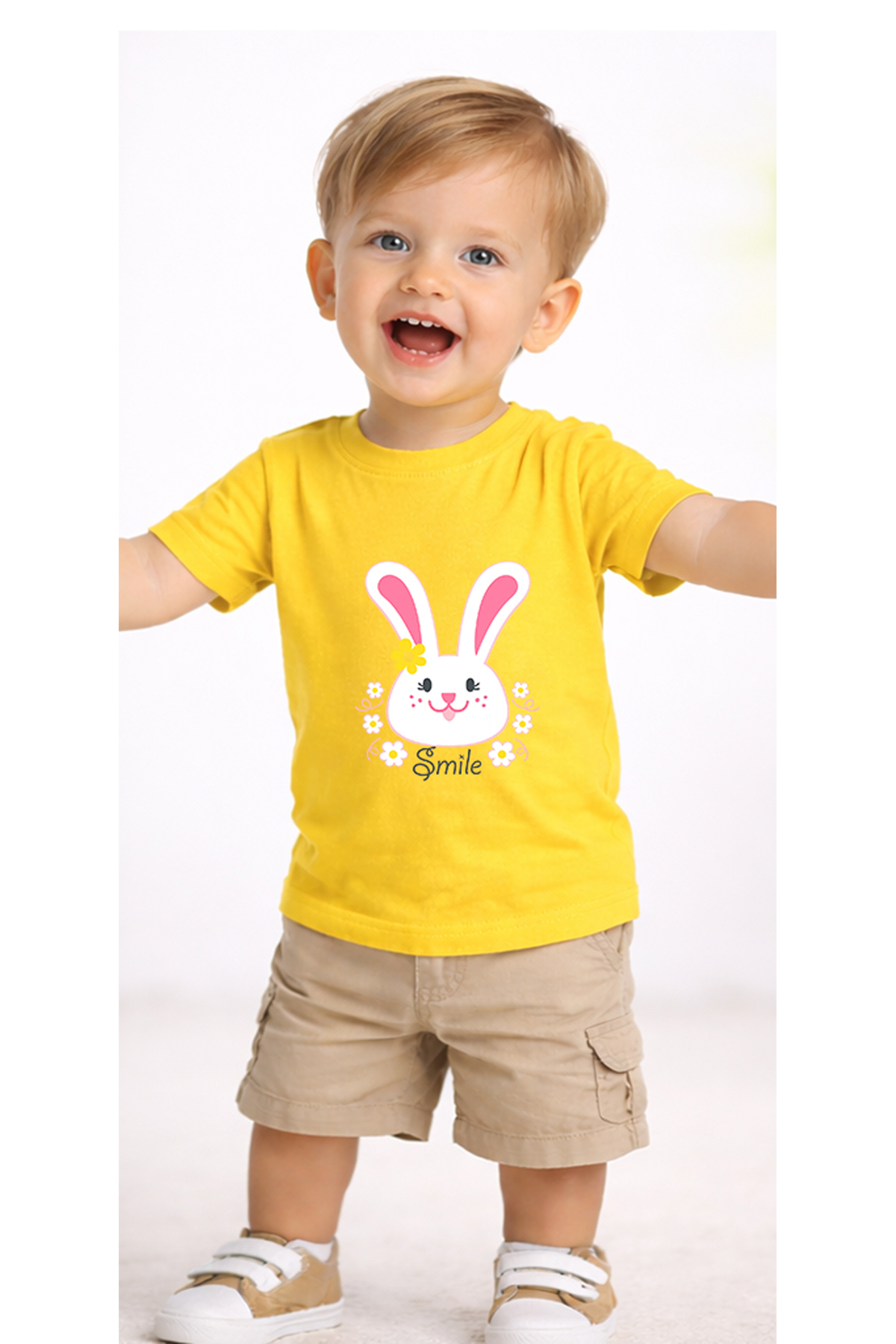 petite pati Sarı Smilebunny Bebek Tişört %100 Pamuk Penye Çocuk Tshirt Baskılı fotoğrafı 2 (önizleme)
