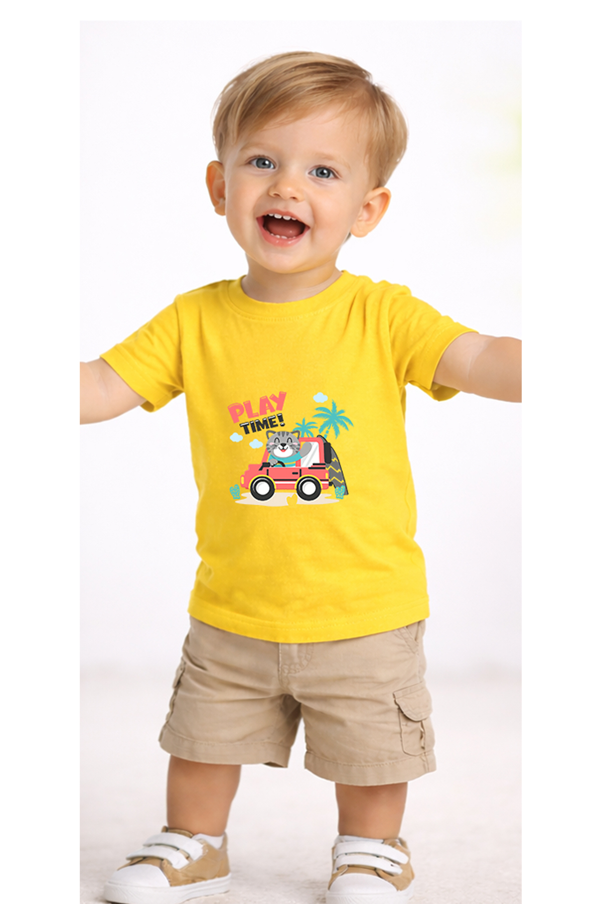 petite pati Sarı Playtimecat Bebek Tişört %100 Pamuk Penye Çocuk Tshirt Baskılı fotoğrafı 2 (önizleme)