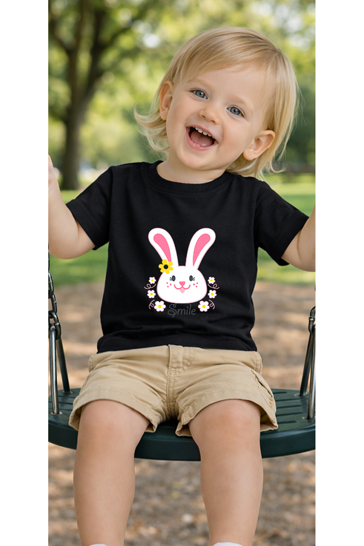 petite pati Siyah Smilebunny Bebek Tişört %100 Pamuk Penye Çocuk Tshirt Baskılı fotoğrafı 2 (önizleme)