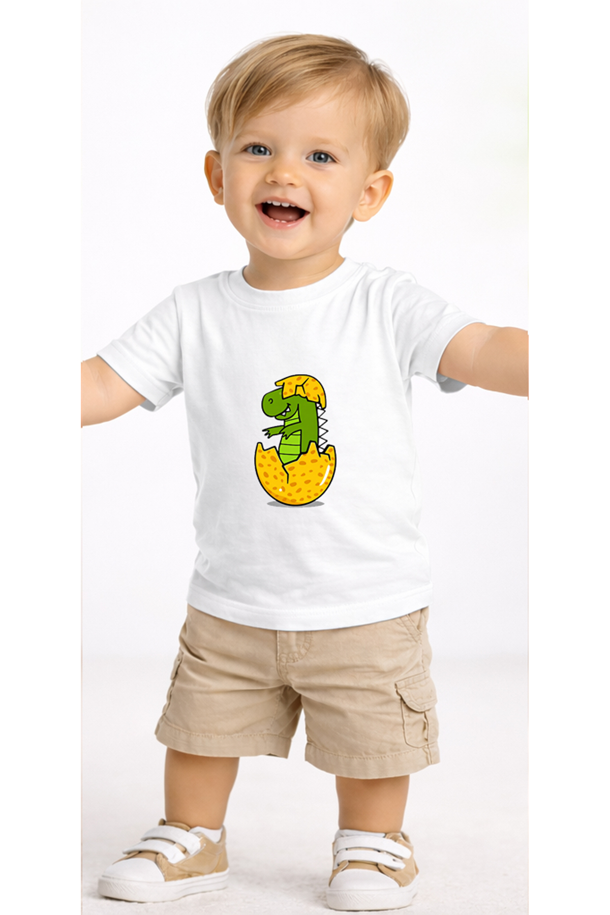 petite pati Beyaz Dinoegg Bebek Tişört %100 Pamuk Penye Çocuk Tshirt Baskılı fotoğrafı 2 (önizleme)