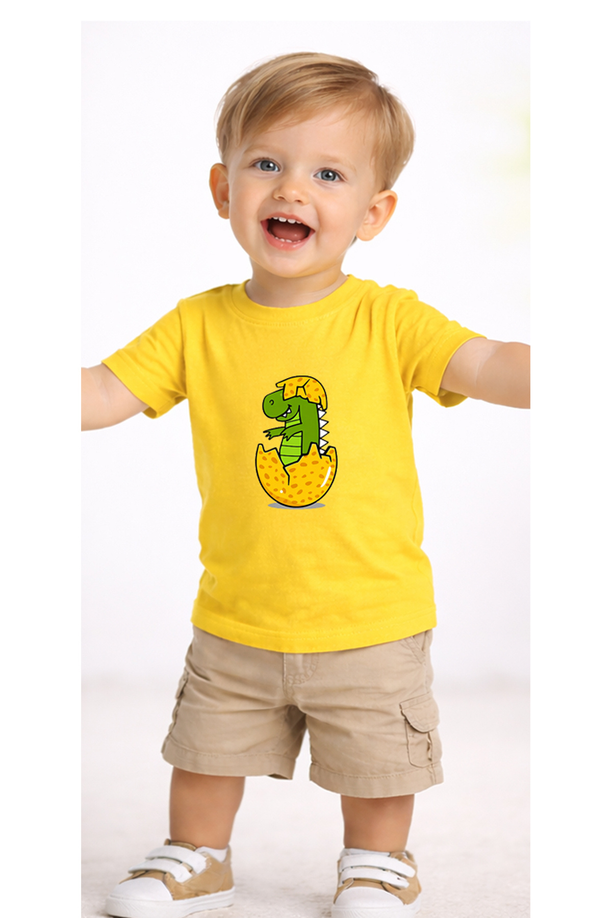 petite pati Sarı Dinoegg Bebek Tişört %100 Pamuk Penye Çocuk Tshirt Baskılı fotoğrafı 2 (önizleme)