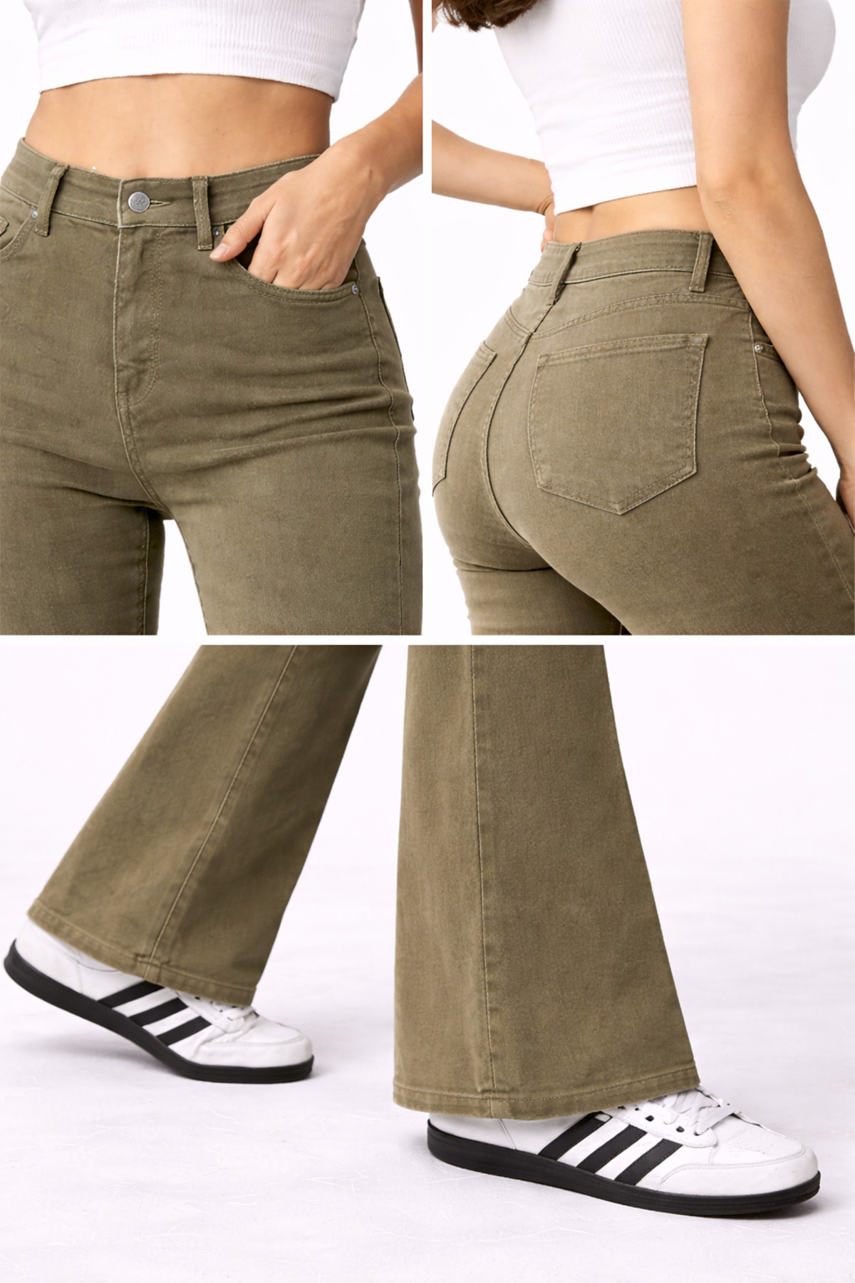 Lighter Jeans  Kadın Haki Yüksek Bel İspanyol Paça Flare Pantolon – Likralı Esnek, Toparlayıcı, Uzun Trend Jean - Görsel 5