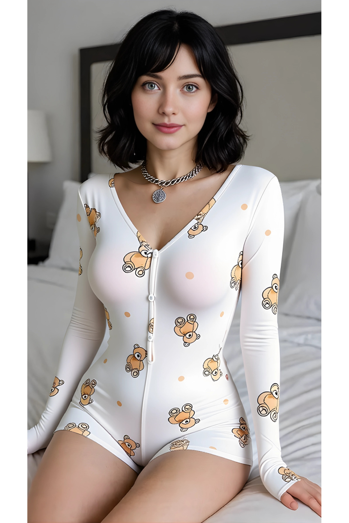 pilelistore Luna Lora Teddy Dream Pamuklu Beyaz Ayıcık Desenli Düğmeli Uzun Kol Tulum Pijama fotoğrafı 2 (önizleme)