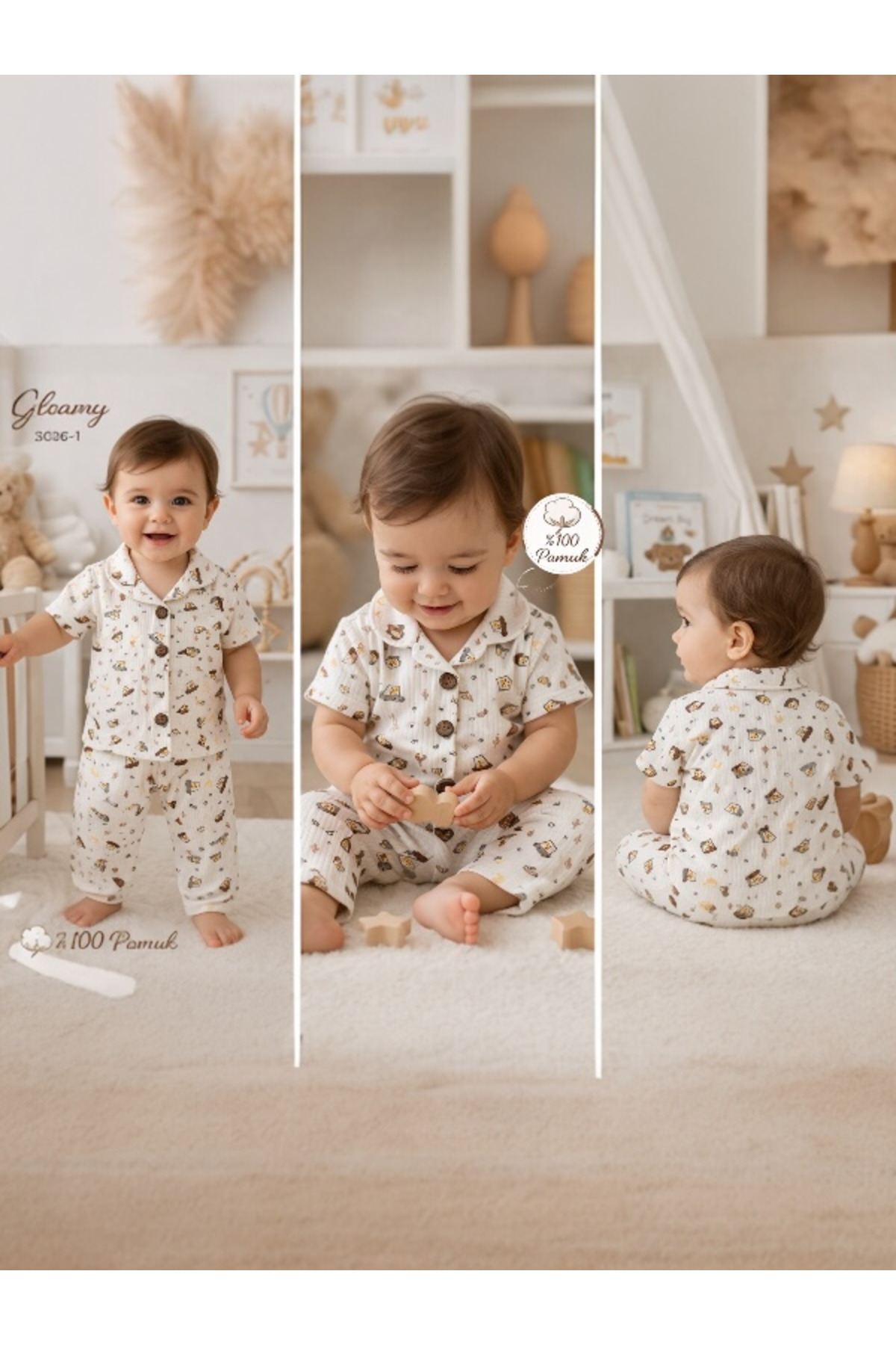 Gleamy %100 Pamuk Bebek Pijama Takımı 1-4 Yaş Yazlık Terletmez Yumuşacık Düğmeli Şık Takım fotoğrafı 6 (önizleme)