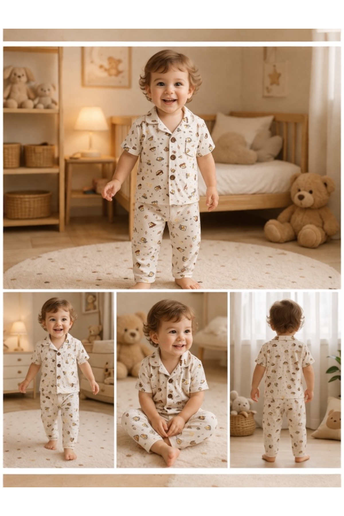 Gleamy %100 Pamuk Bebek Pijama Takımı 1-4 Yaş Yazlık Terletmez Yumuşacık Düğmeli Şık Takım fotoğrafı 5 (önizleme)
