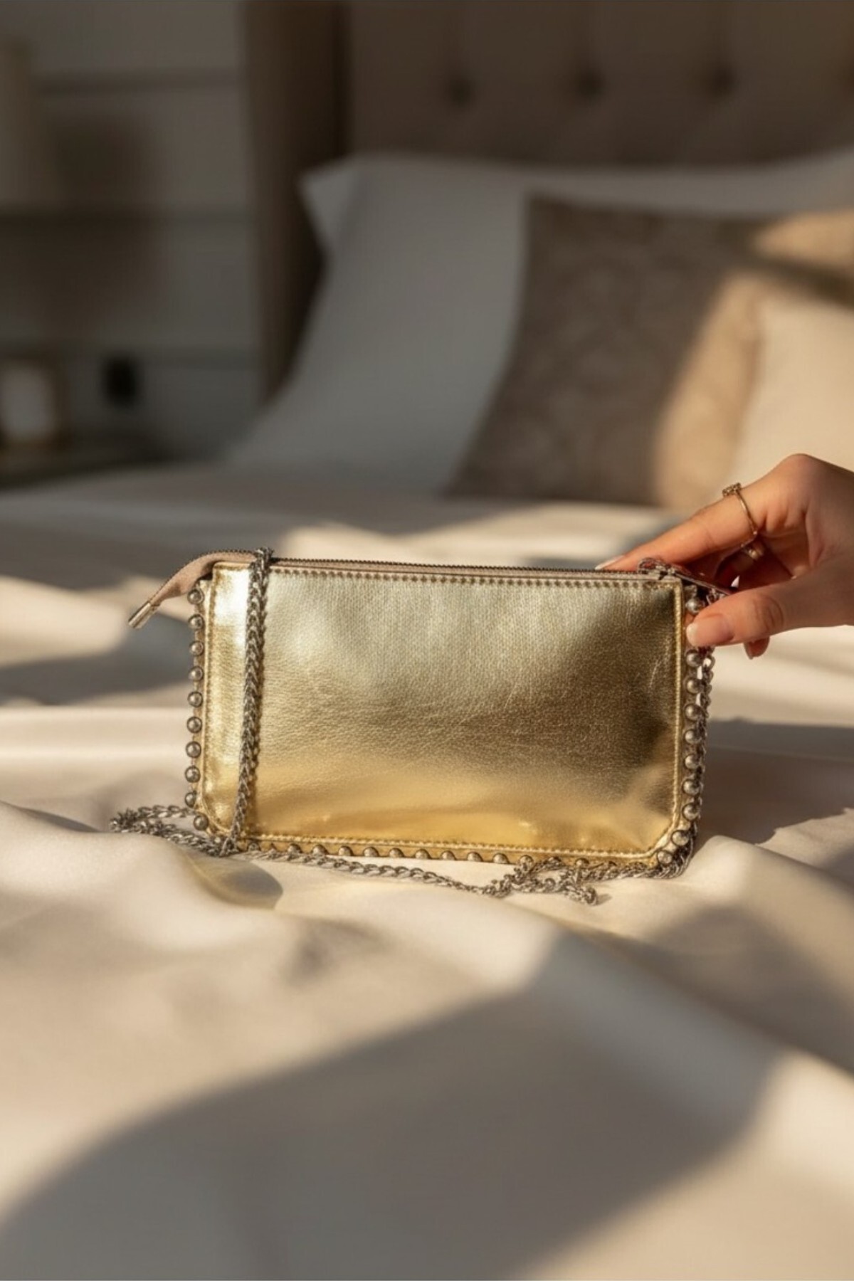 Women's Gold Crossbody Bag with Bead Detail Chain Strap