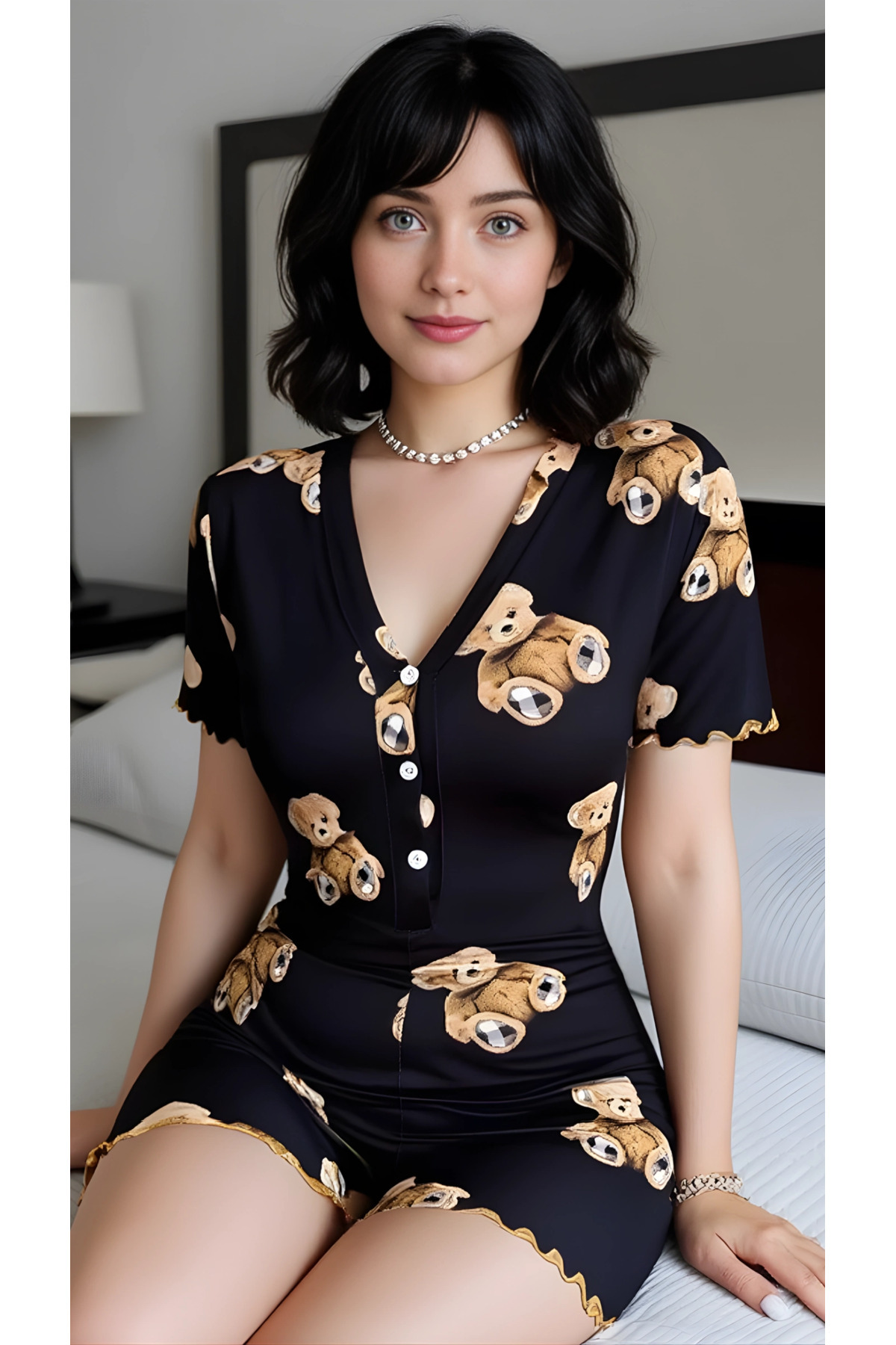pilelistore Luna Lora Black Teddy Dream Pamuklu Siyah Ayıcık Desenli Düğmeli Tulum Pijama fotoğrafı 2 (önizleme)