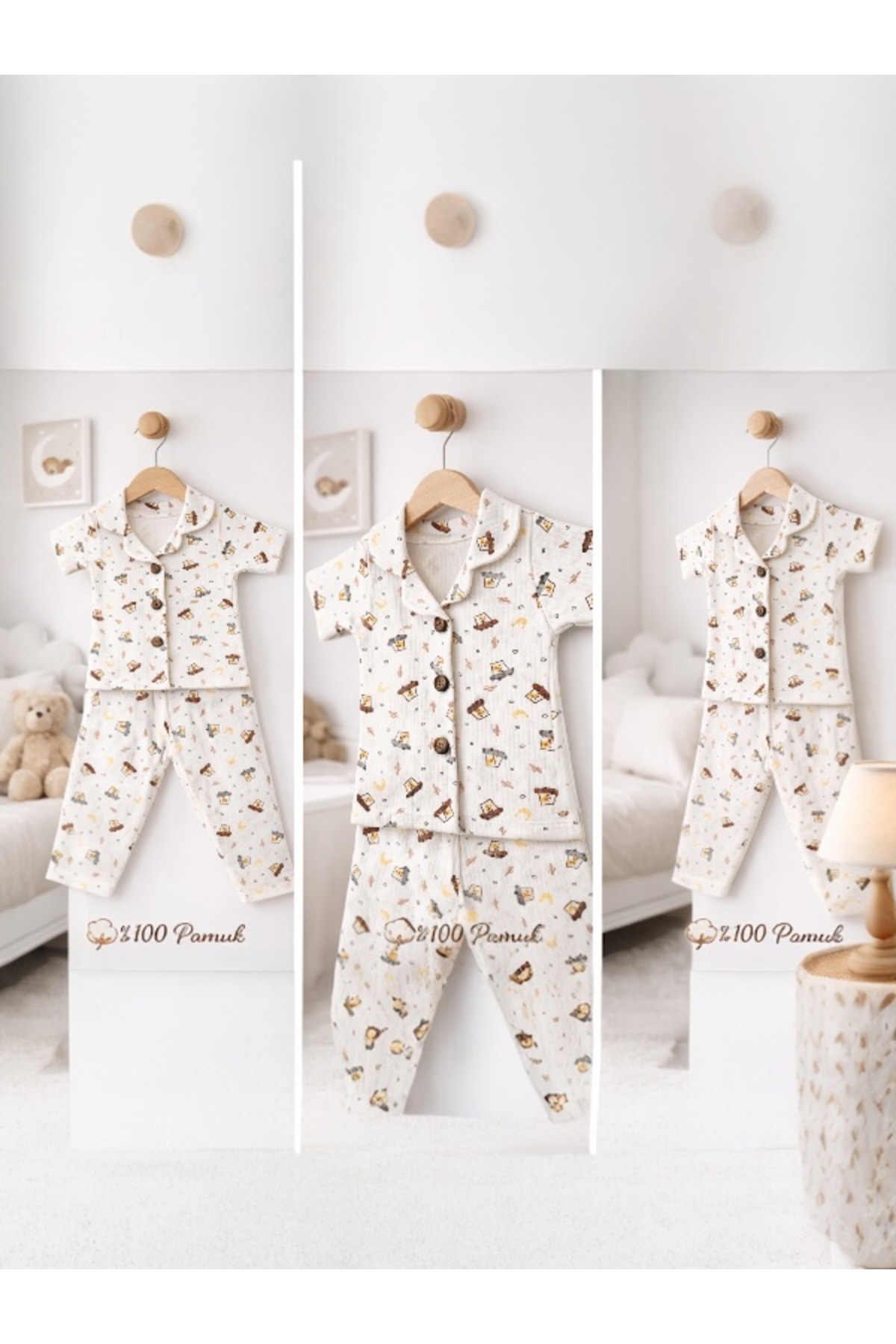 Gleamy %100 Pamuk Bebek Pijama Takımı 1-4 Yaş Yazlık Terletmez Yumuşacık Düğmeli Şık Takım fotoğrafı 3 (önizleme)