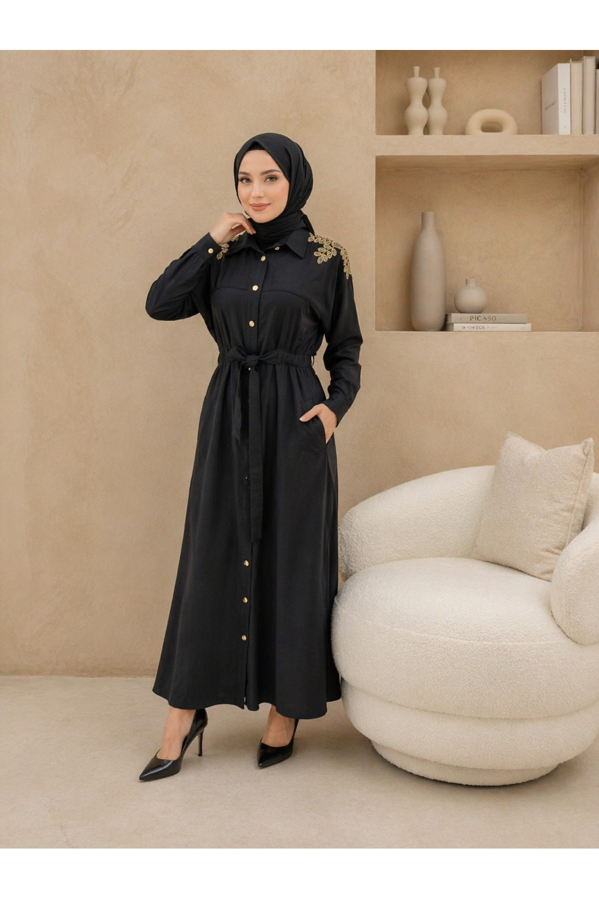 Luxe Omuz İşlemeli Kuşaklı Gömlek Elbise