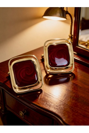 ayoljewelry Gold Çelik Kare Bordo Kırmızı Mermer Desenli Büyük Küpe - Vintage...