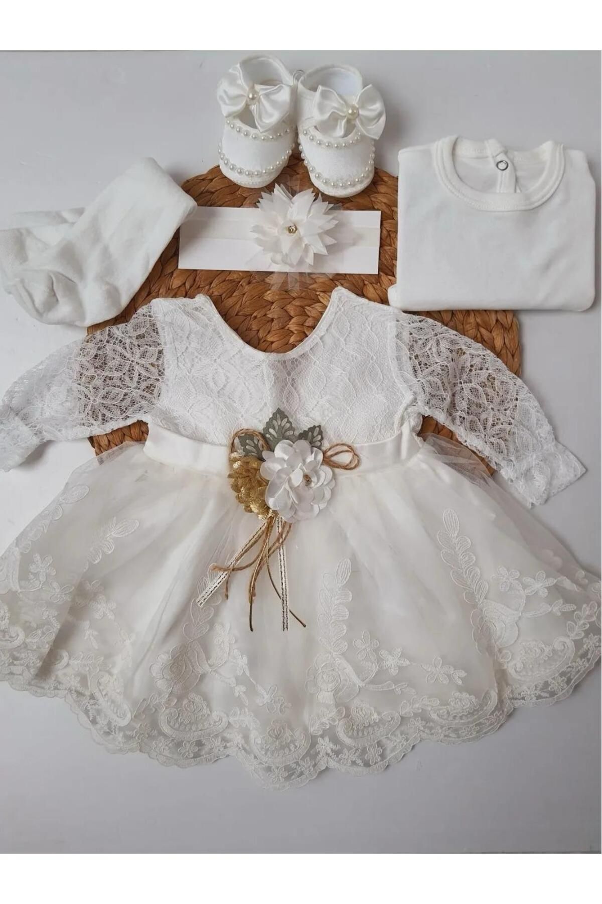 biyan collection Kız Bebek 0-6 Ay Gelinlik Elbise 5 Li Mevlütlük Set Uzun Kollu Fransız Dantelli Elbise fotoğrafı 3 (önizleme)