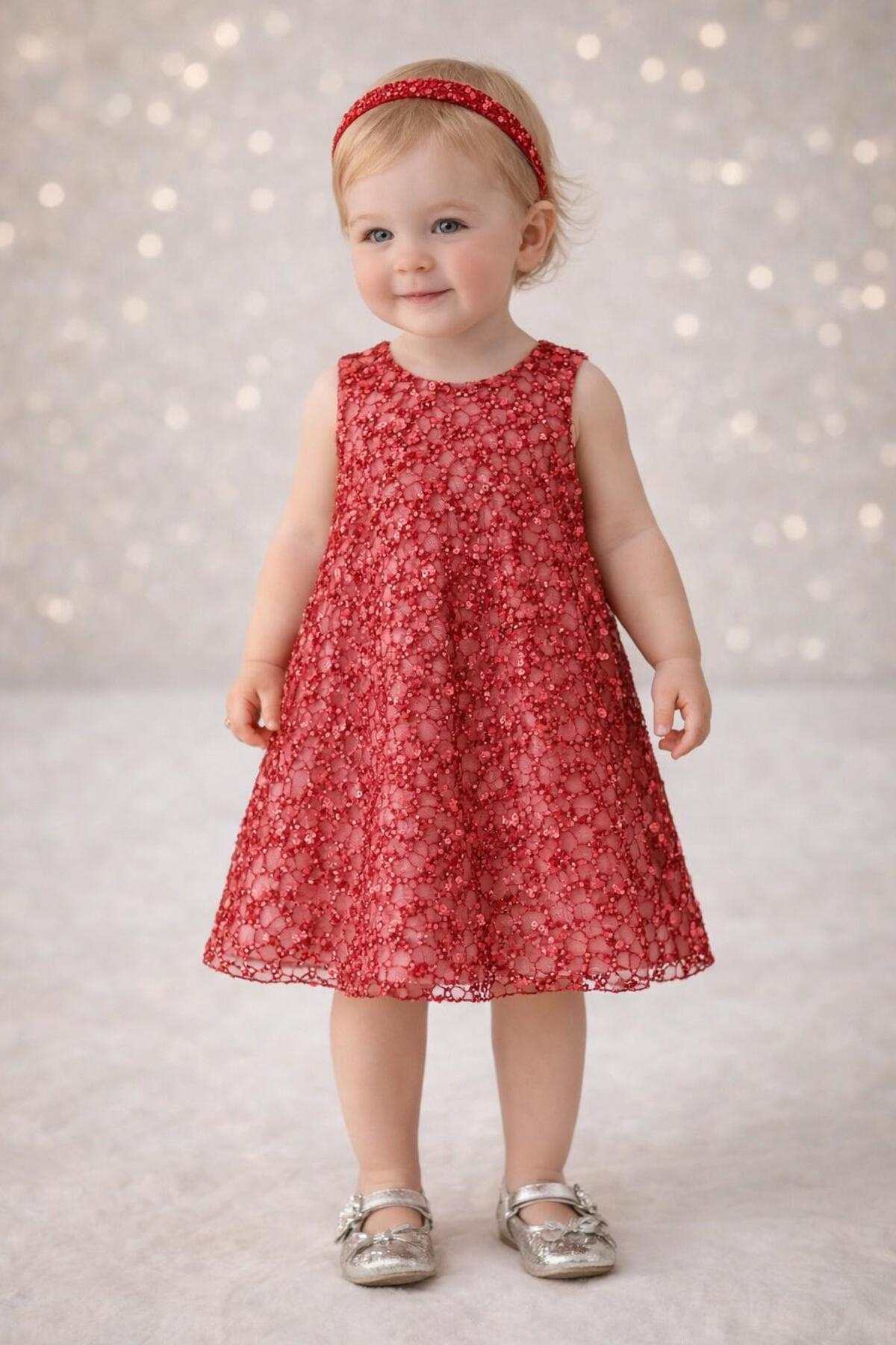 Kuzucuk Kids Bebek Çocuk Butik Kız Bebek Kırmızı Payetli Elbise 1 Yaş -Özel Gün & Kına Gecesi Şık Abiye
