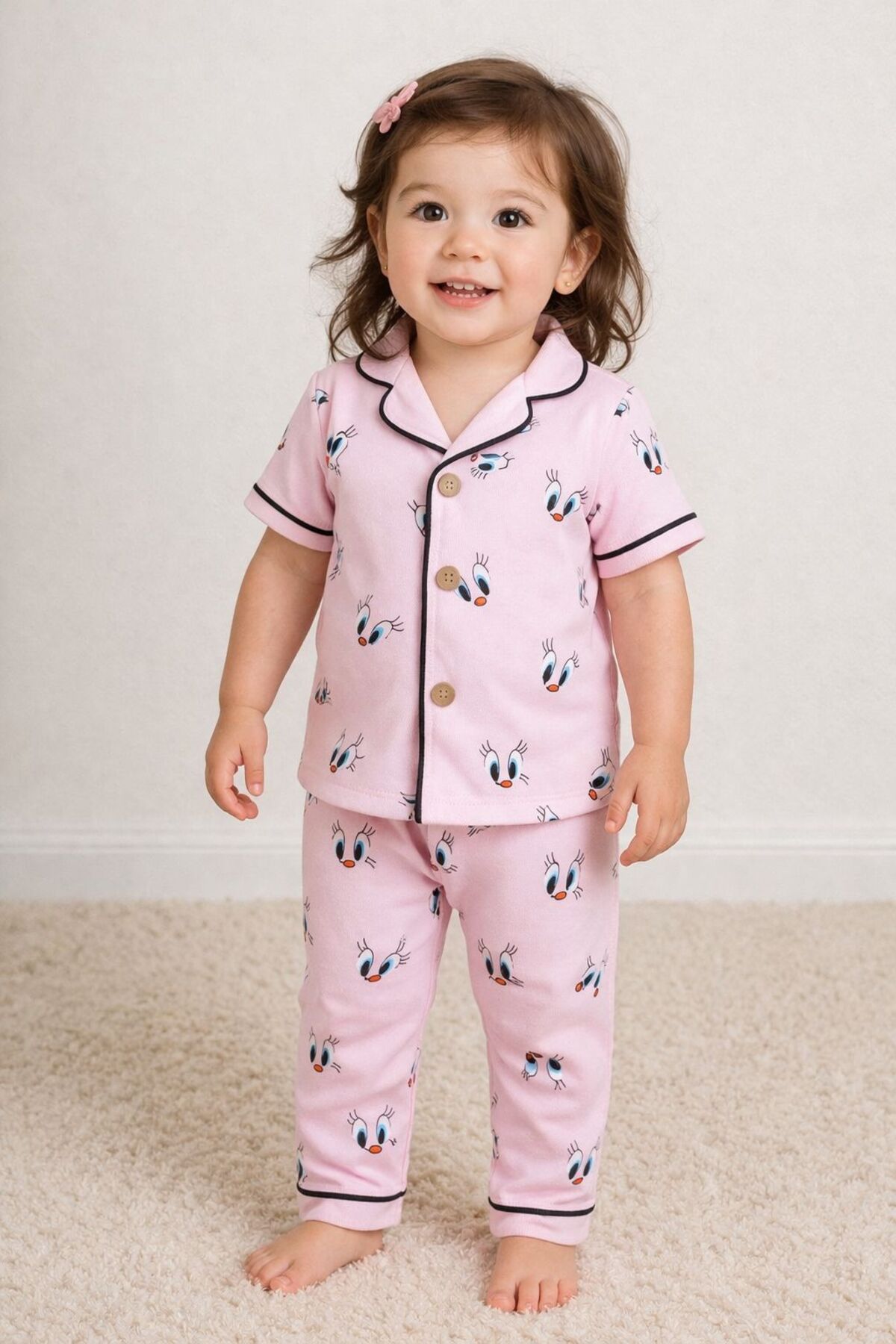 derin baby %100 Pamuk Kısa Kollu Düğmeli Yazlık Kız Erkek Unisex Tweety Bebek Çocuk Pijama Takımı fotoğrafı 3 (önizleme)