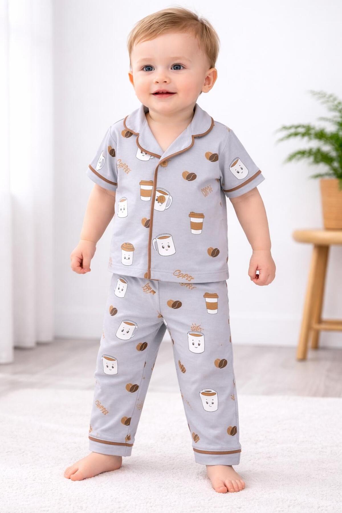 derin baby %100 Pamuk Kısa Kollu Düğmeli Yazlık Kız Erkek Kahve Coffe Desenli Tarz Bebek Çocuk Pijama Takımı fotoğrafı 3 (önizleme)