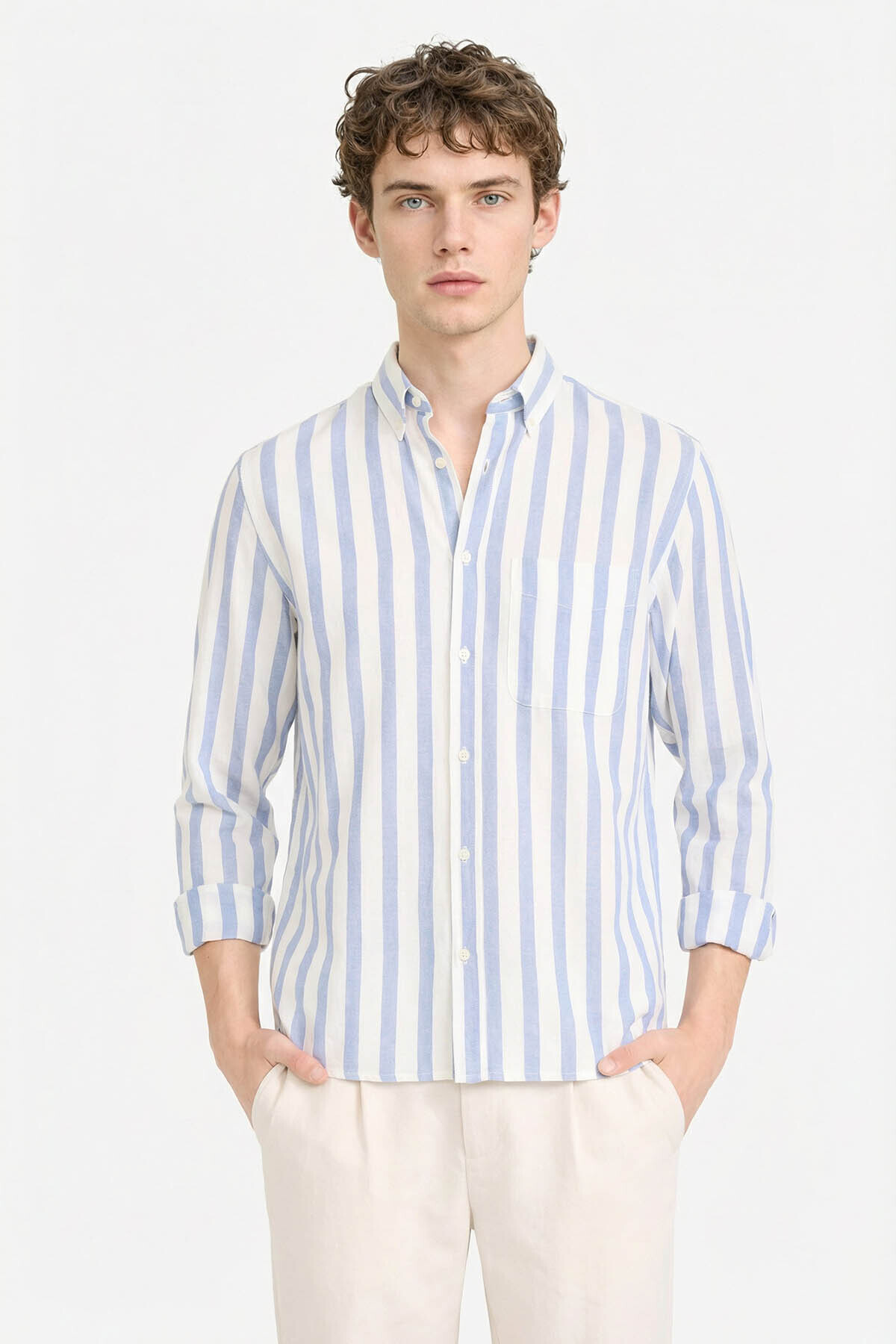 %100 Pamuk REGULAR Fit Çizgili Gömlek D6114AX26SP — آبی — تصویر 2 از 5