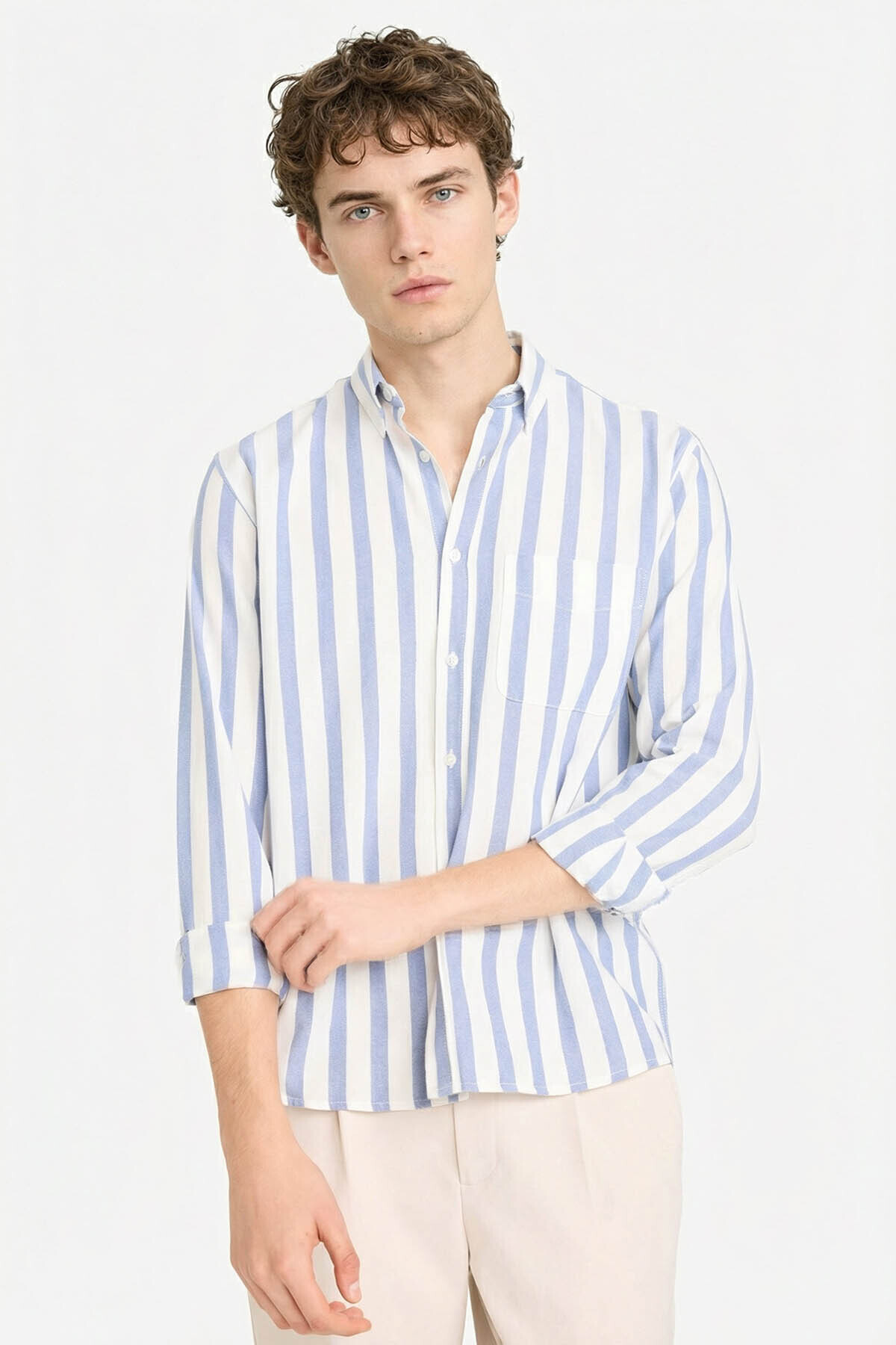 %100 Pamuk REGULAR Fit Çizgili Gömlek D6114AX26SP — آبی — تصویر 3 از 5