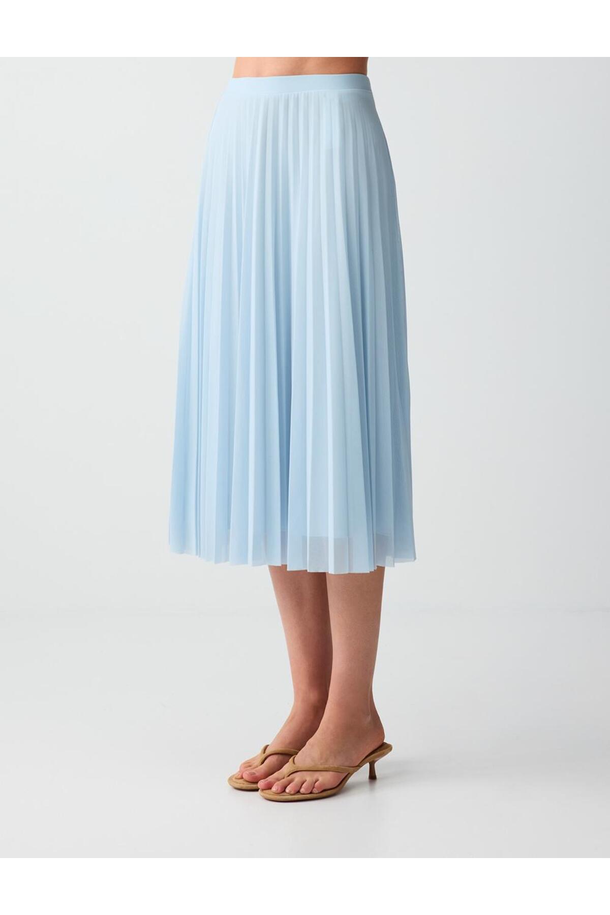 Jimmy Key  Gök Mavisi Yüksek Bel Rahat Kesim Piliseli Mesh Midi Etek - Görsel 6