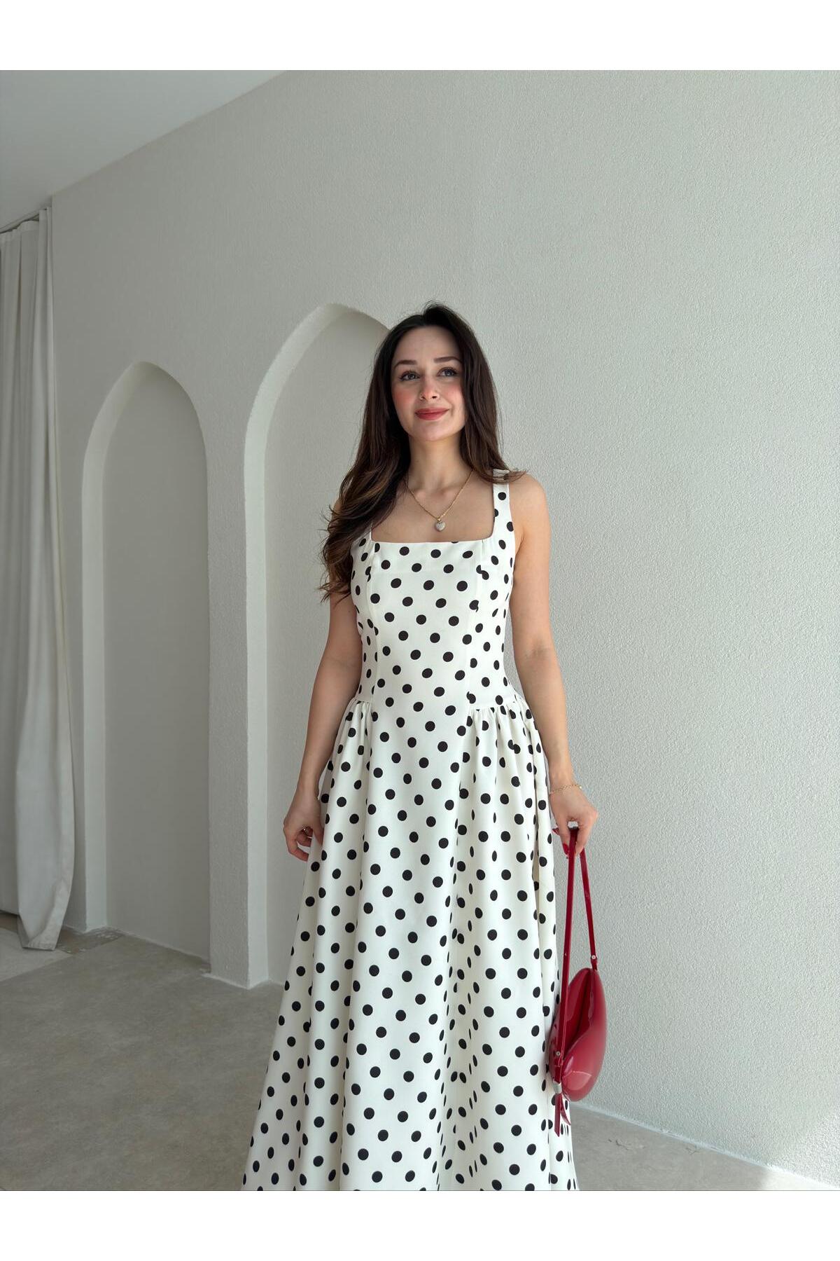 Mooi Butik  WOOD Puantiyeli Maxi Elbise 9009 - Beyaz - Görsel 2