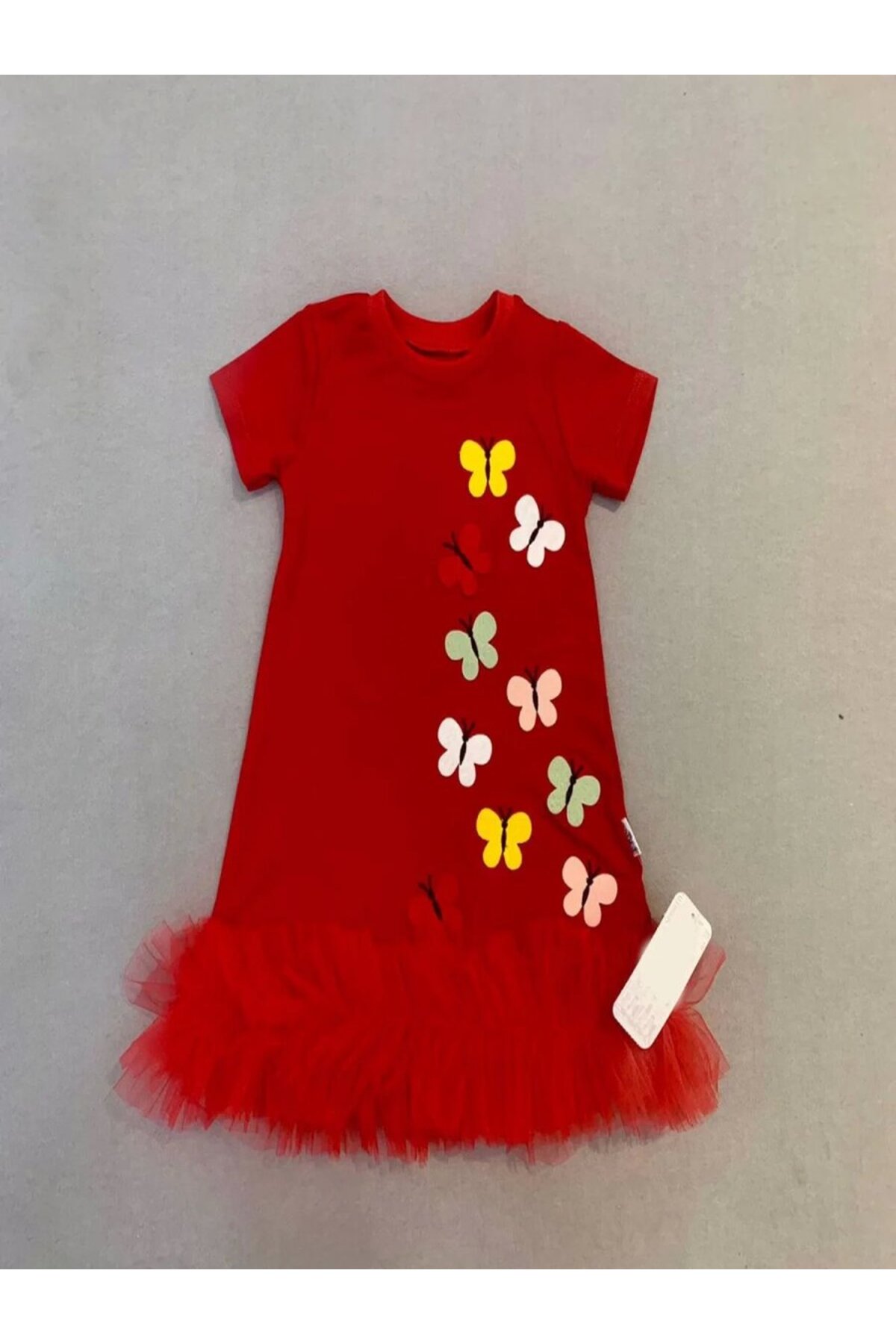 Dua Giyim 1-2-3 Yaş Renkli Kelebekler Nakışlı Eteği Fırfırlı Jile Çuk Elbisesi Kırmızı fotoğrafı 2 (önizleme)