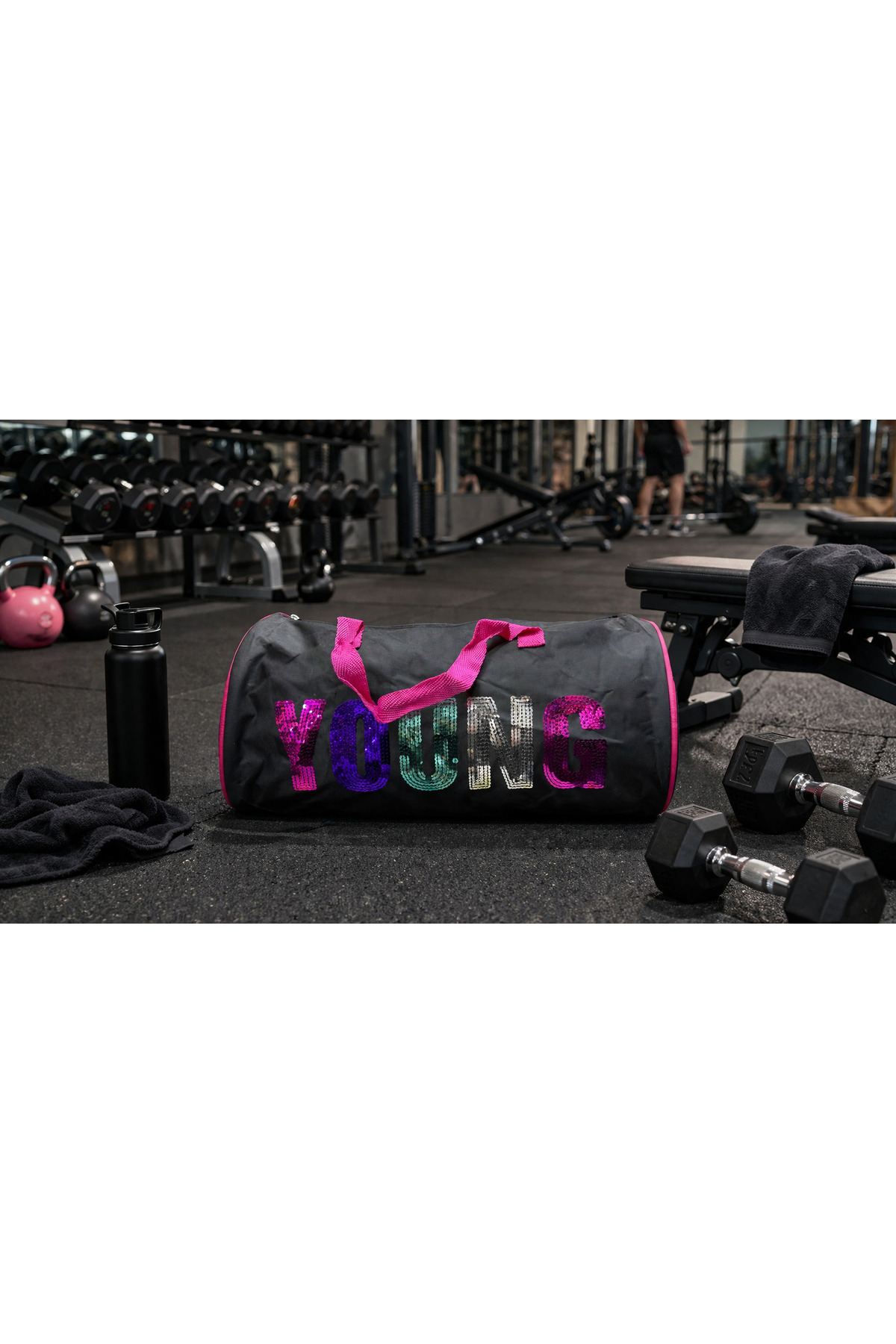 BİLGİ K K Kadın Spor Çantası Silindir Model Genç Kız Günlük Seyahat Çantası Fitness Çantası Şık Parlak Pullu görsel 6