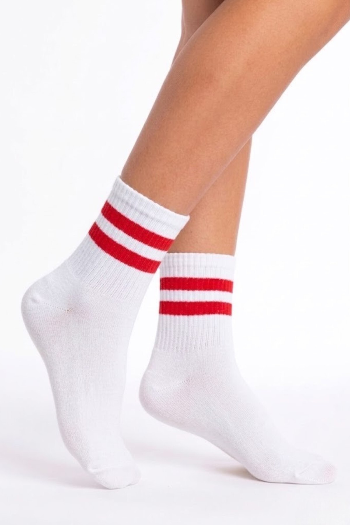 Esinti Kırmızı Çizgili Beyaz Erkek Çorap Unisex Genç Spor Kolej Çorap -Tekli