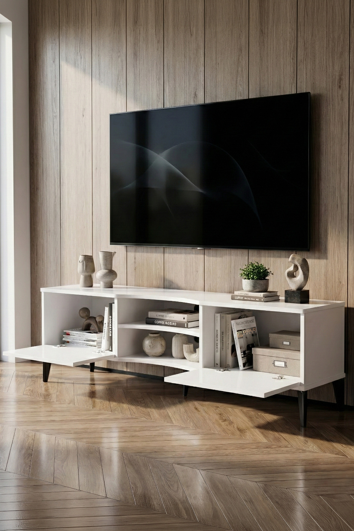 Goldfalez Vera TV Sehpası Suntalam Beyaz 160x35 cm görsel 4