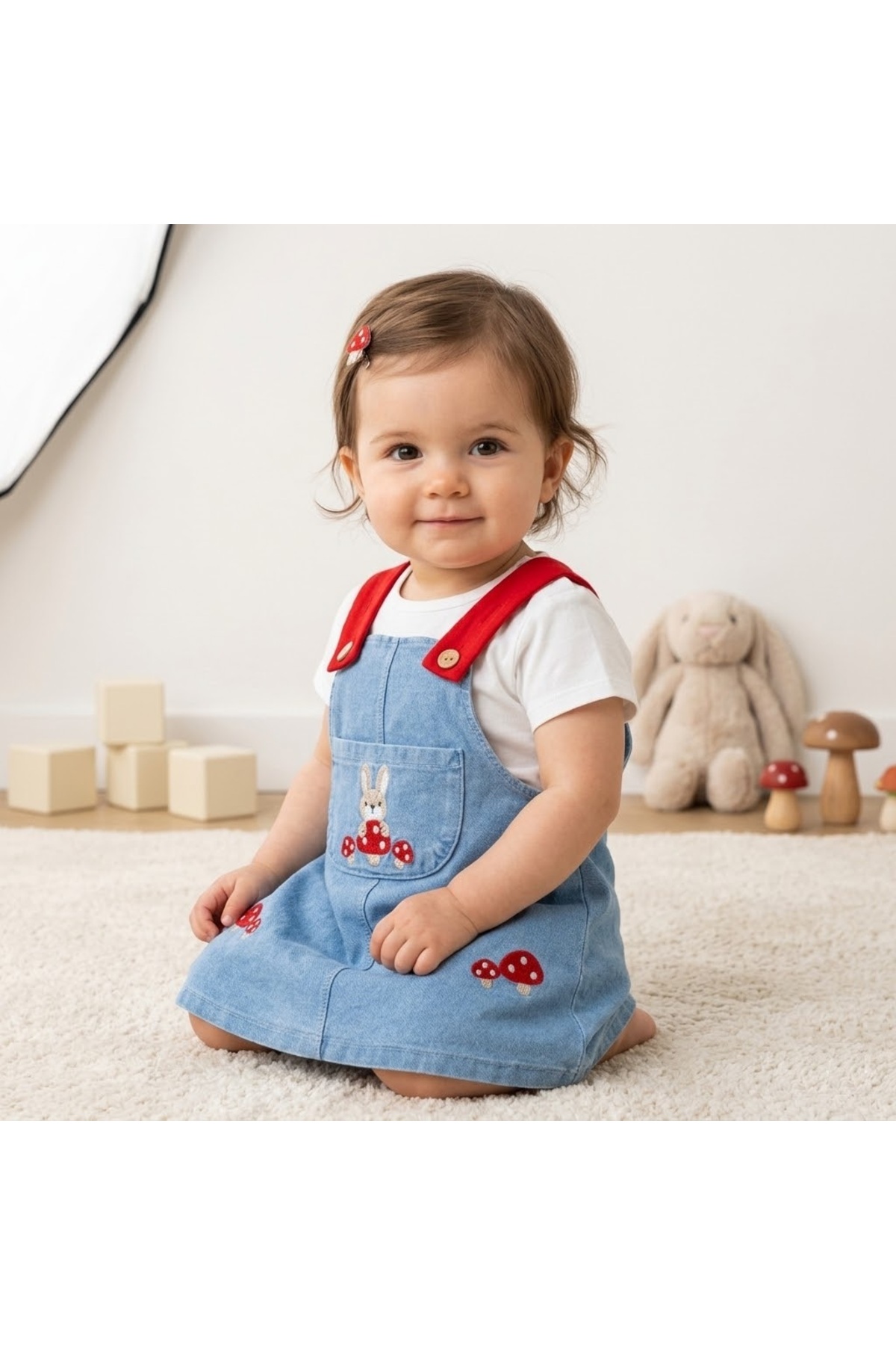 MUBA KIDS Sevimli Mantar ve Tavşan Nakış Detaylı Bebek Kot Salopet ve T-shirt Seti - Kırmızı Askılı fotoğrafı 2 (önizleme)