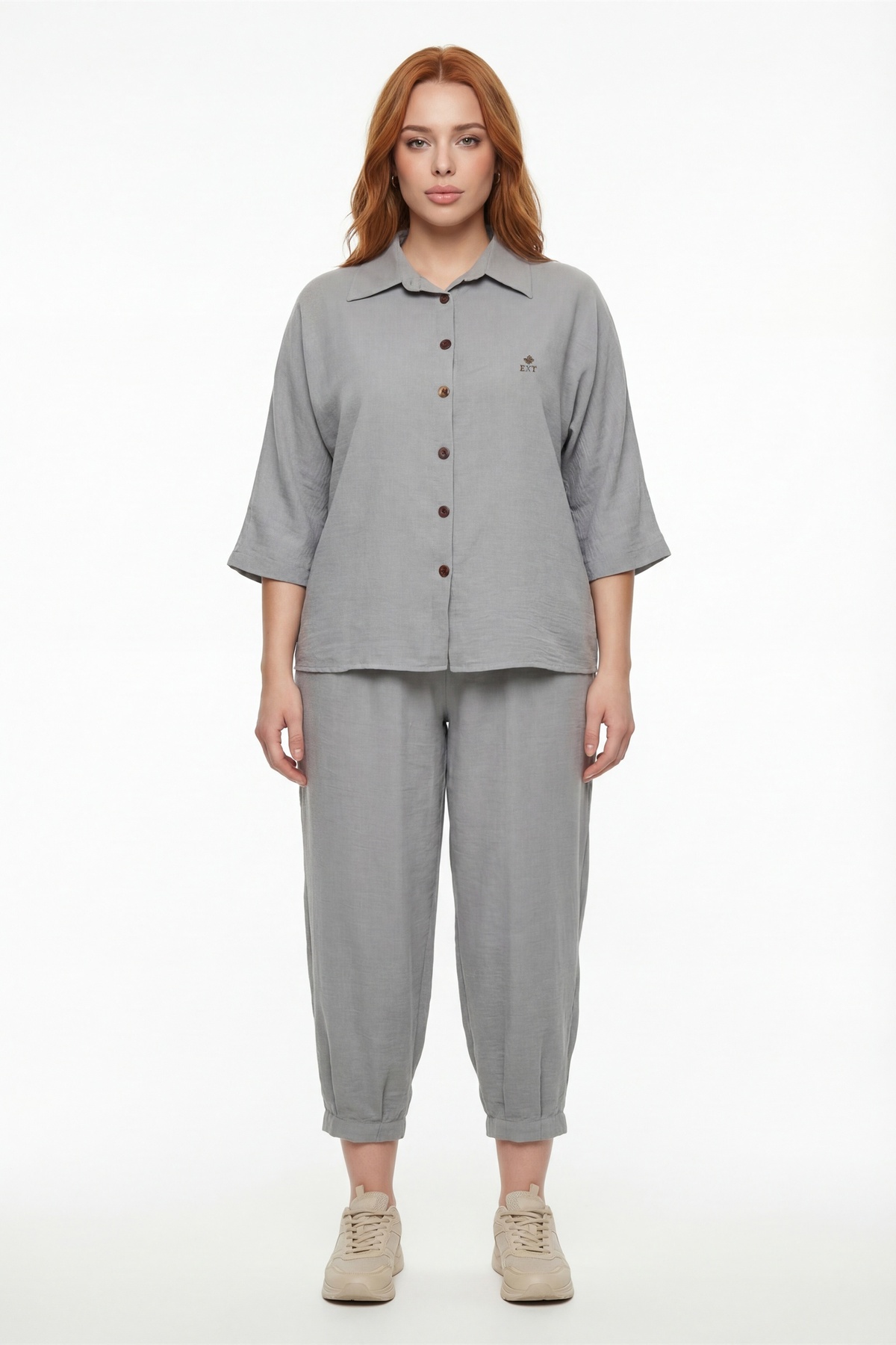 EXİTLİNE Women's Gray Summer Buttoned Top and Bottom Set- Trendyol