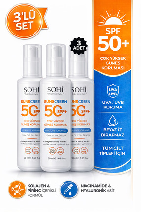 SOHİ SPF 50+ Güneş Kremi 3’lü Set | Çok Yüksek Koruma | 50 ml x3